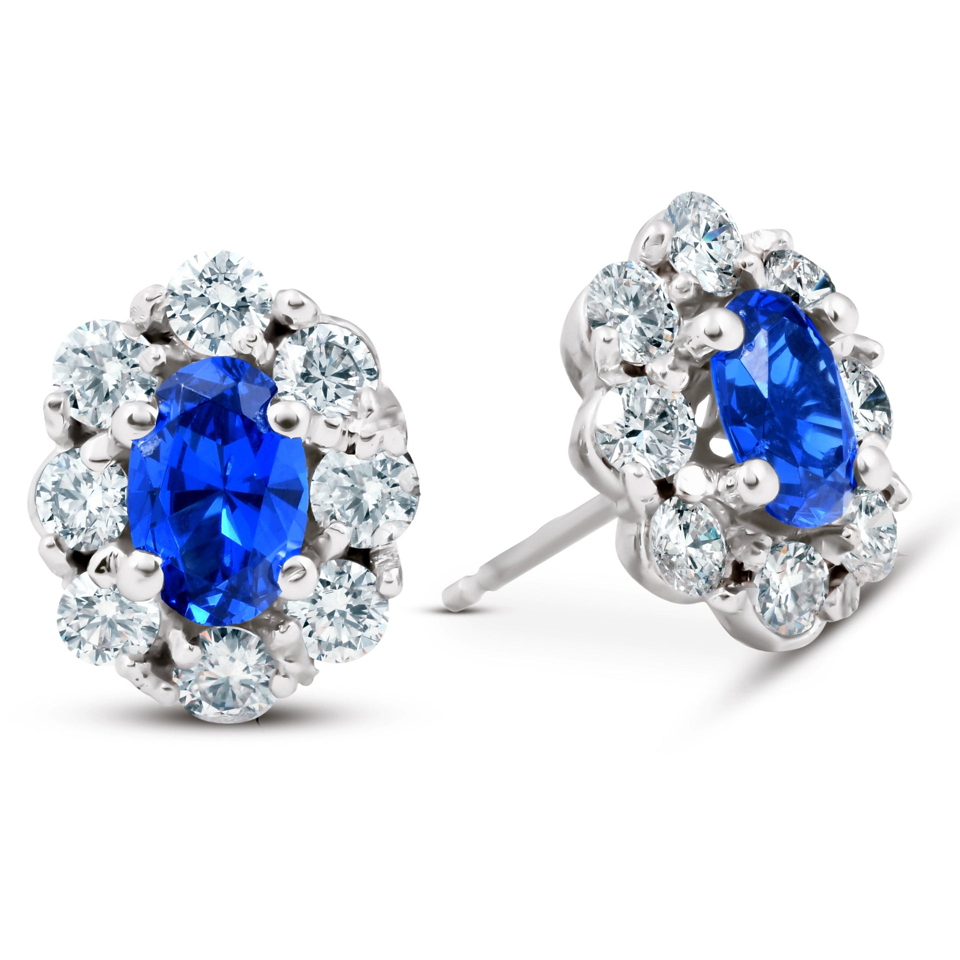 3.10 Ct Blue Sapphire & Diamond Halo Studs 14k White Gold Lab Grown