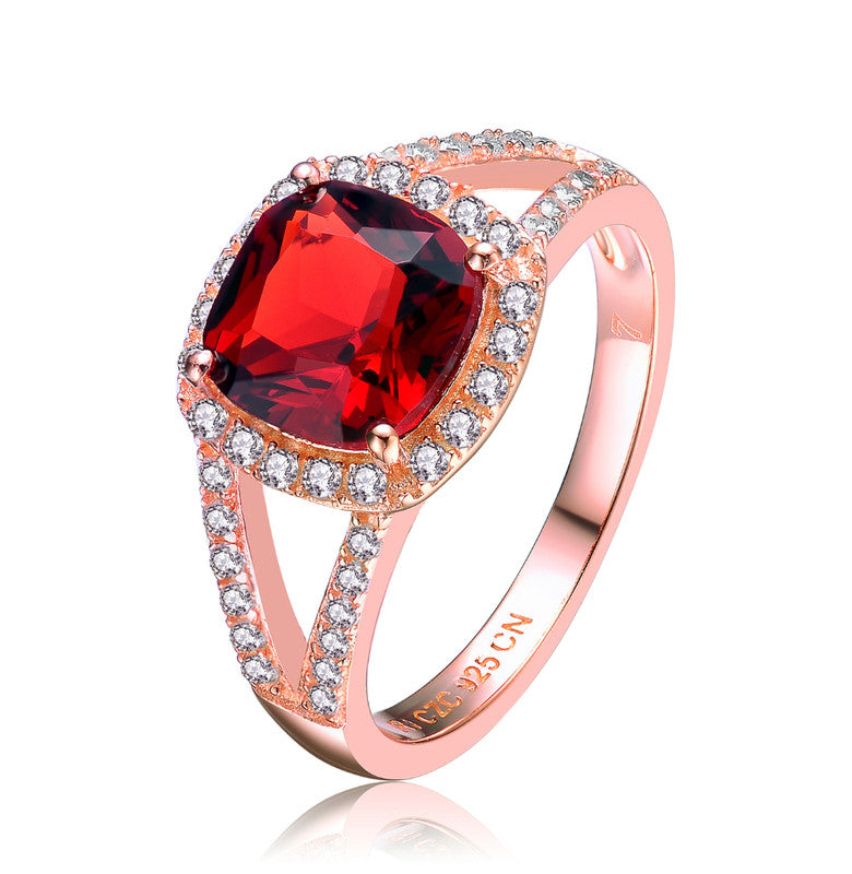 GENEVIVE Sterling Silver Rose Gold Plated Ruby Cubic Zirconia Cocktail Ring