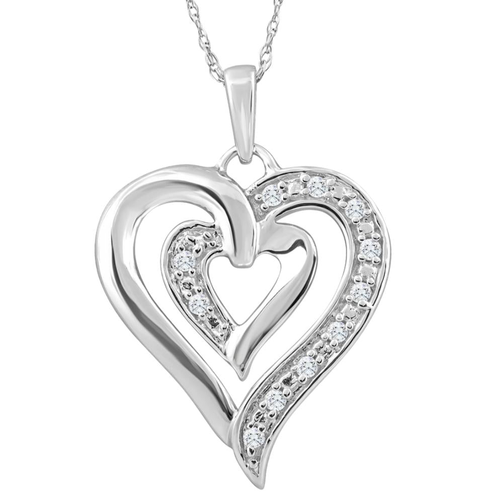 10K White Gold 1/10Ct TW Real Diamond Heart Pendant Necklace