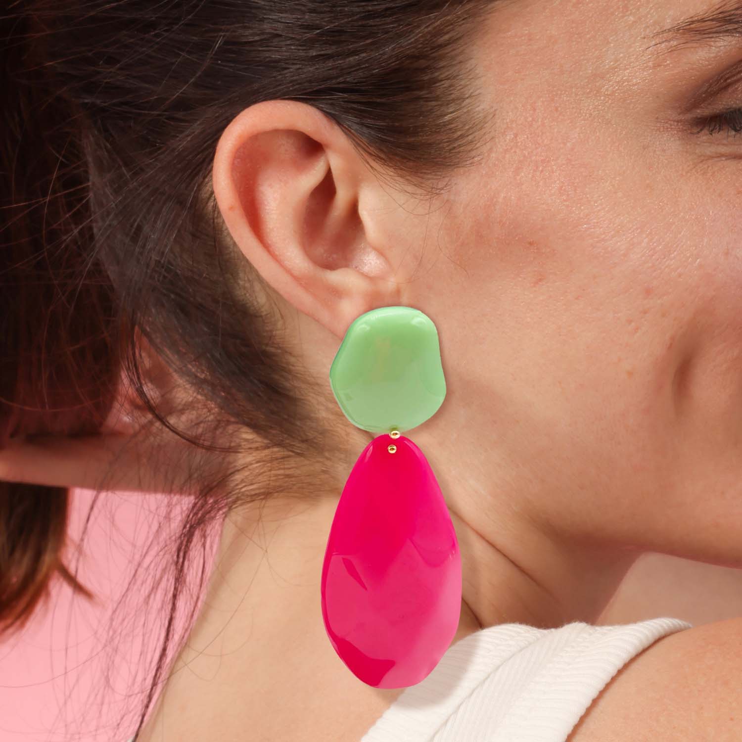 Celadon And Fuschia Pebble Resin Earrings