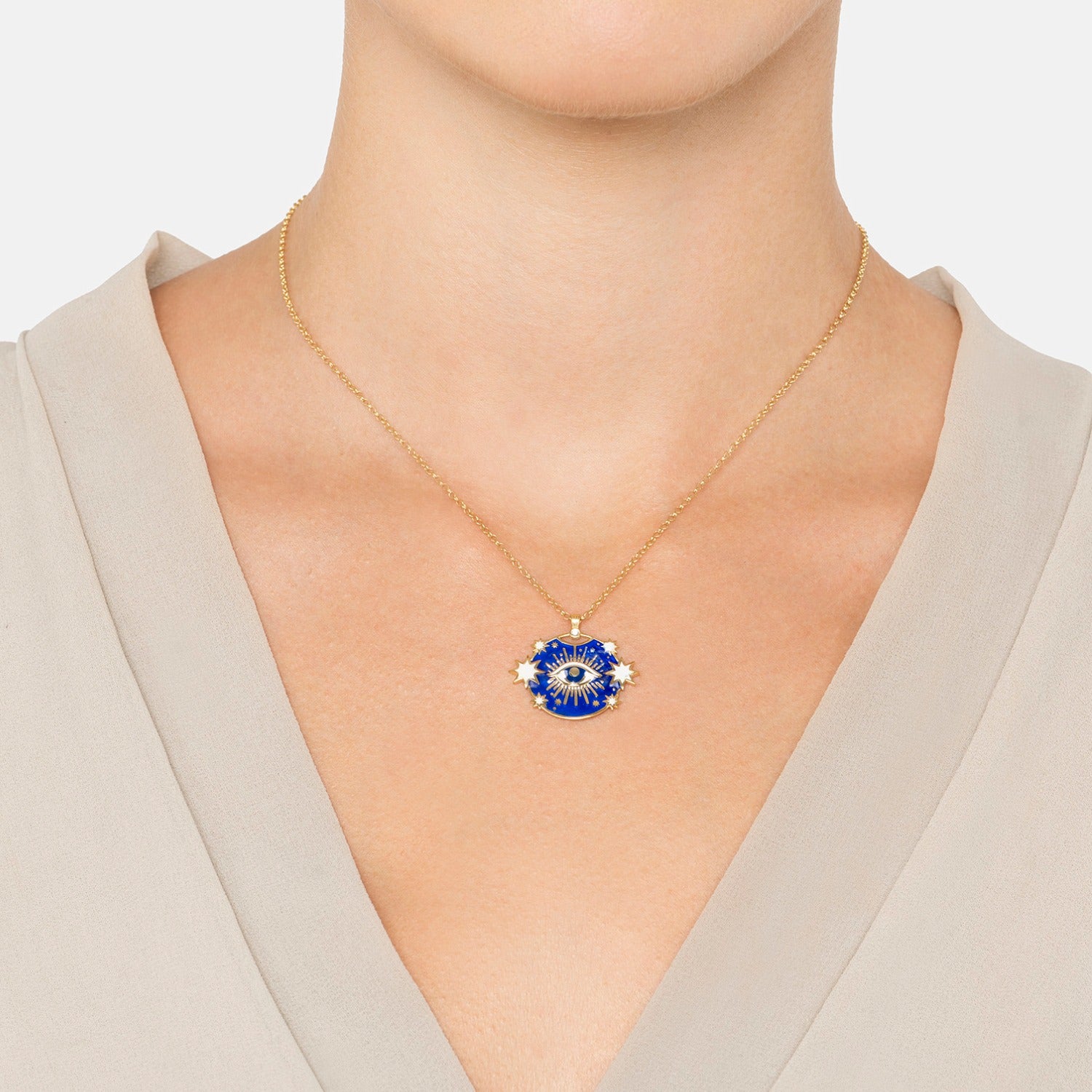 Celestial All Seeing Eye Necklace Blue Enamel Gold