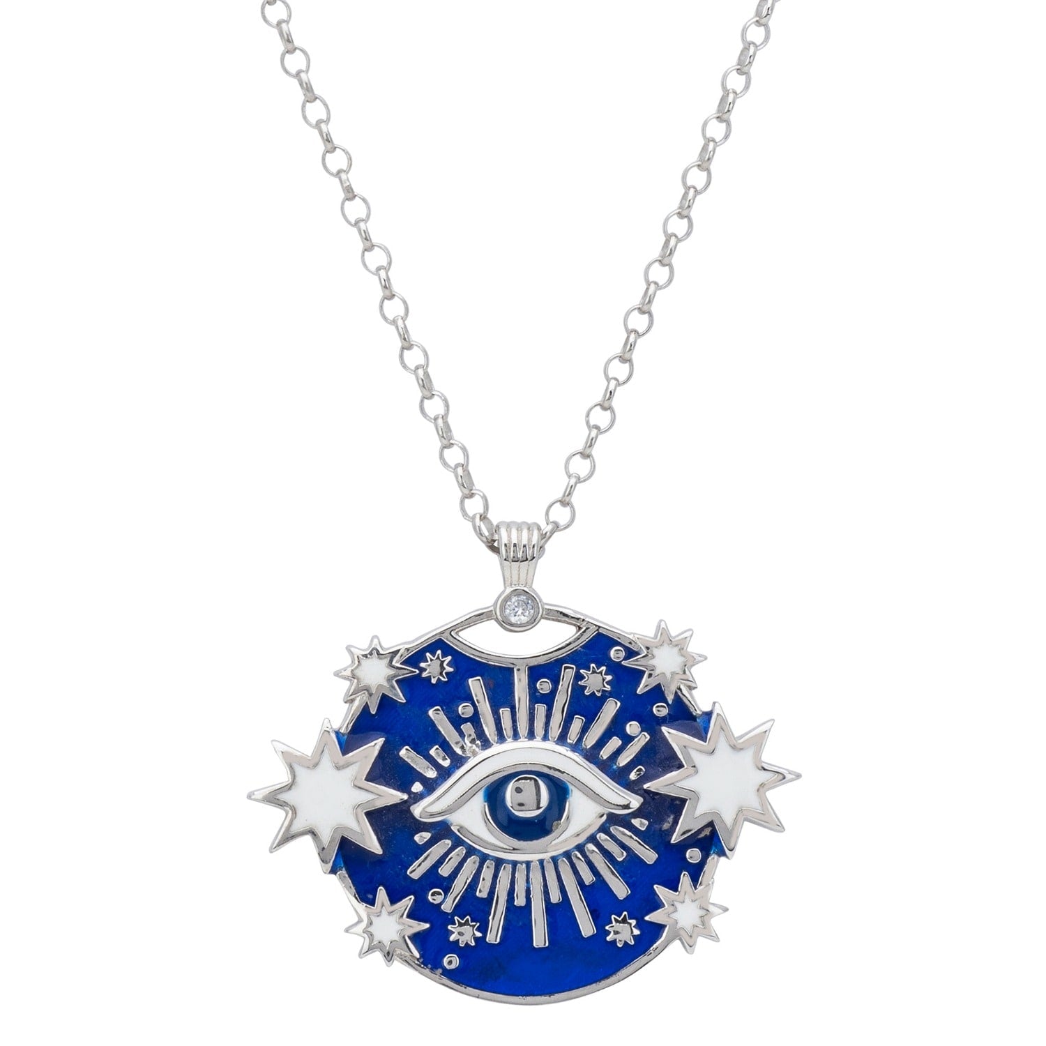 Celestial All Seeing Eye Necklace Blue Enamel Silver