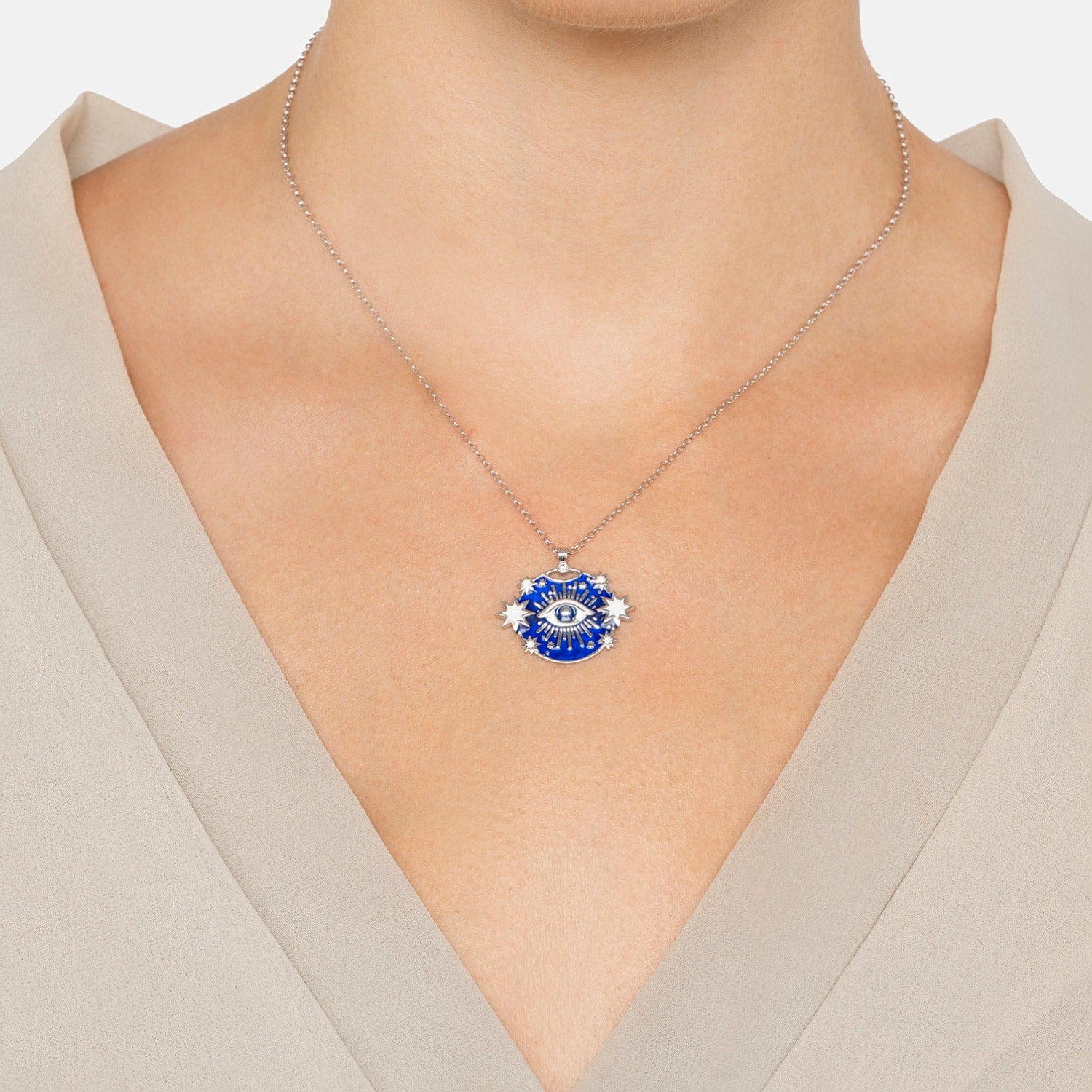 Celestial All Seeing Eye Necklace Blue Enamel Silver