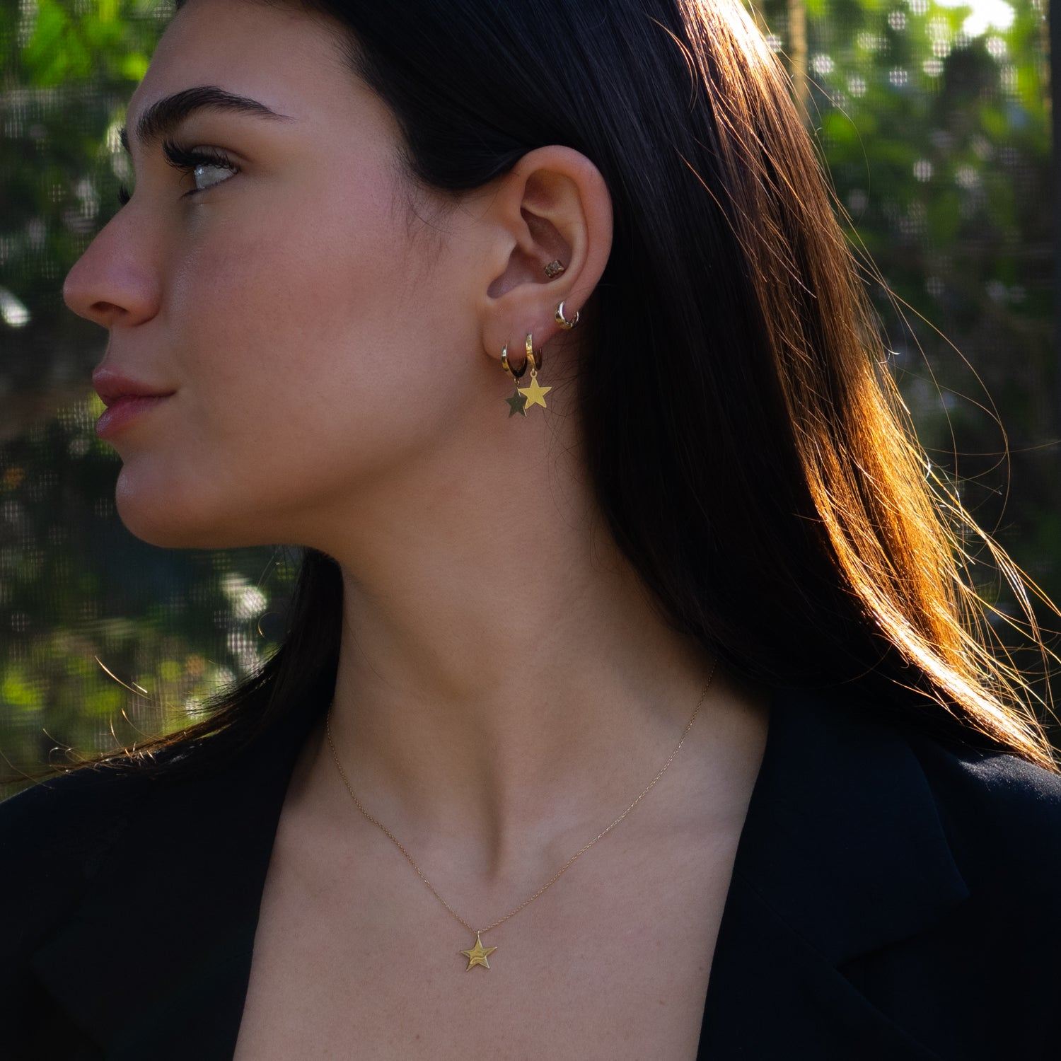 Celestial Grace Solid Gold Star Hoop Earrings - Gold