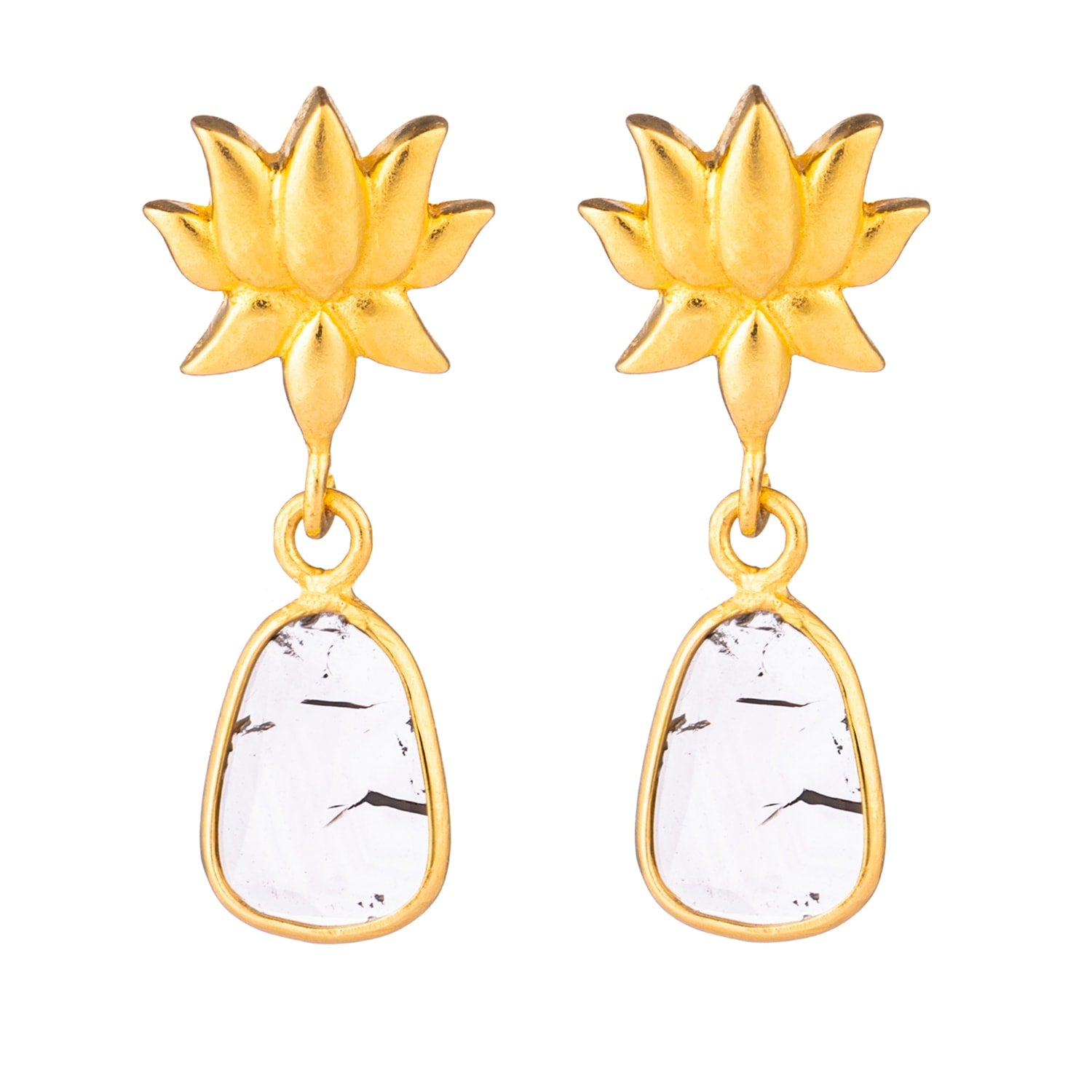 Celestial Salt & Pepper Diamond Slice Earrings With Lotus Flower