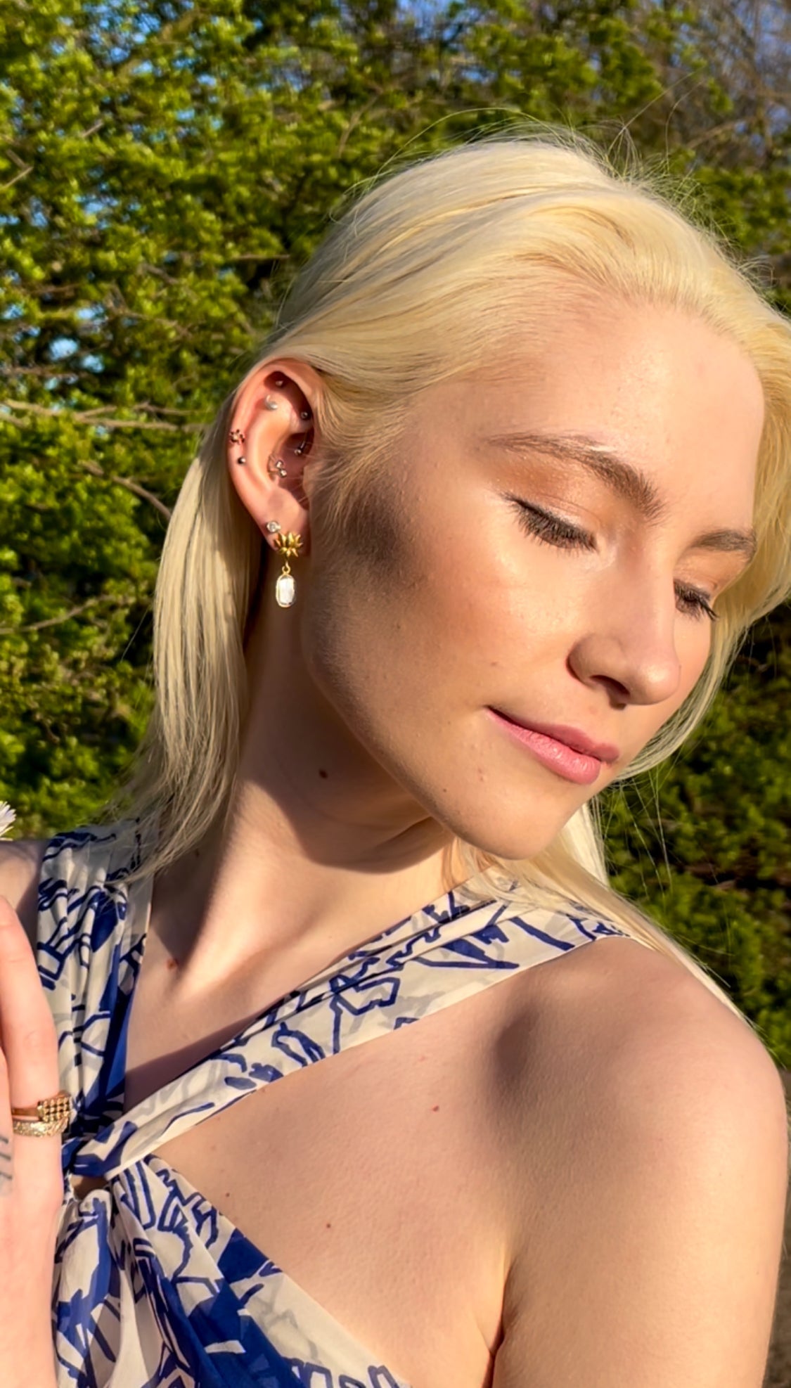 Celestial Salt & Pepper Diamond Slice Earrings With Lotus Flower