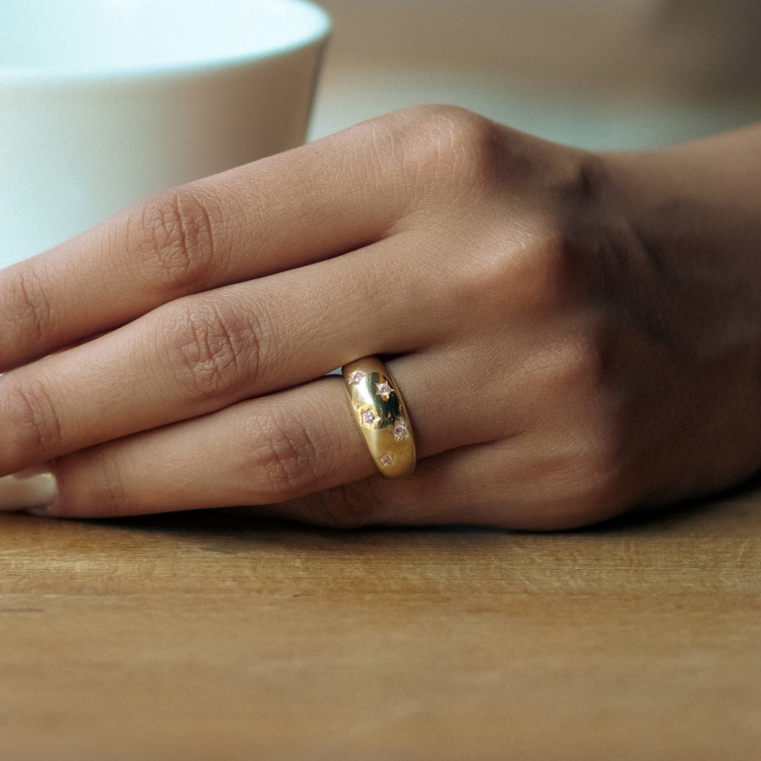 Celestial Star Sterling Silver Dome Ring With Pink Gemstones