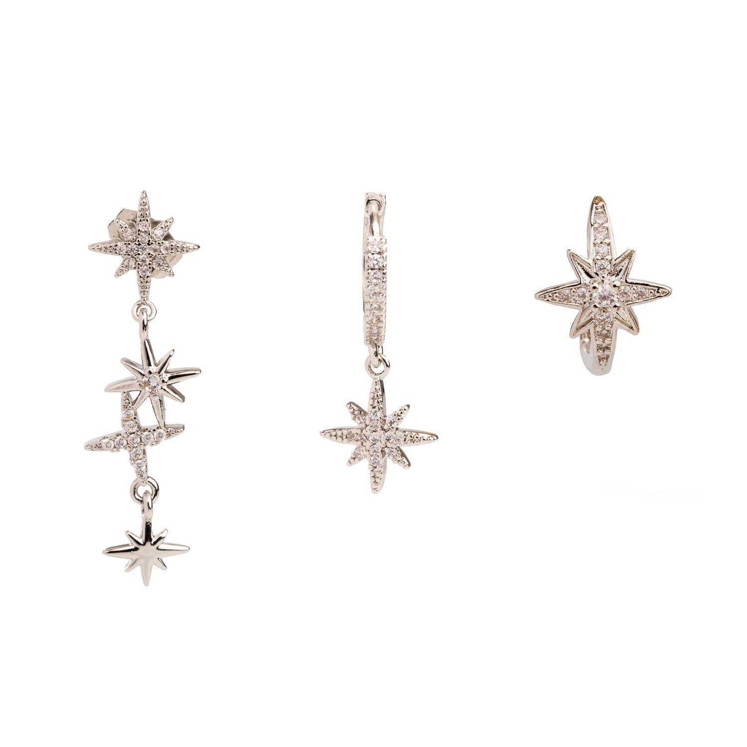 Celestial Trinity Silver & Diamond Earring Set - Silver