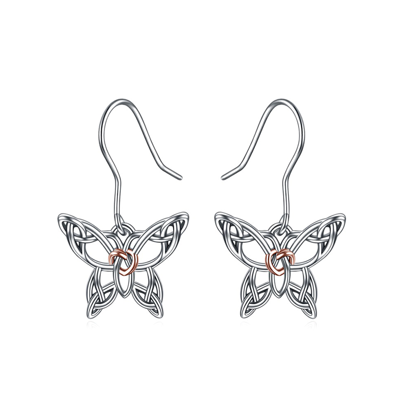 Sterling Silver Two-tone Butterfly & Celtic Knot Drop Earrings
