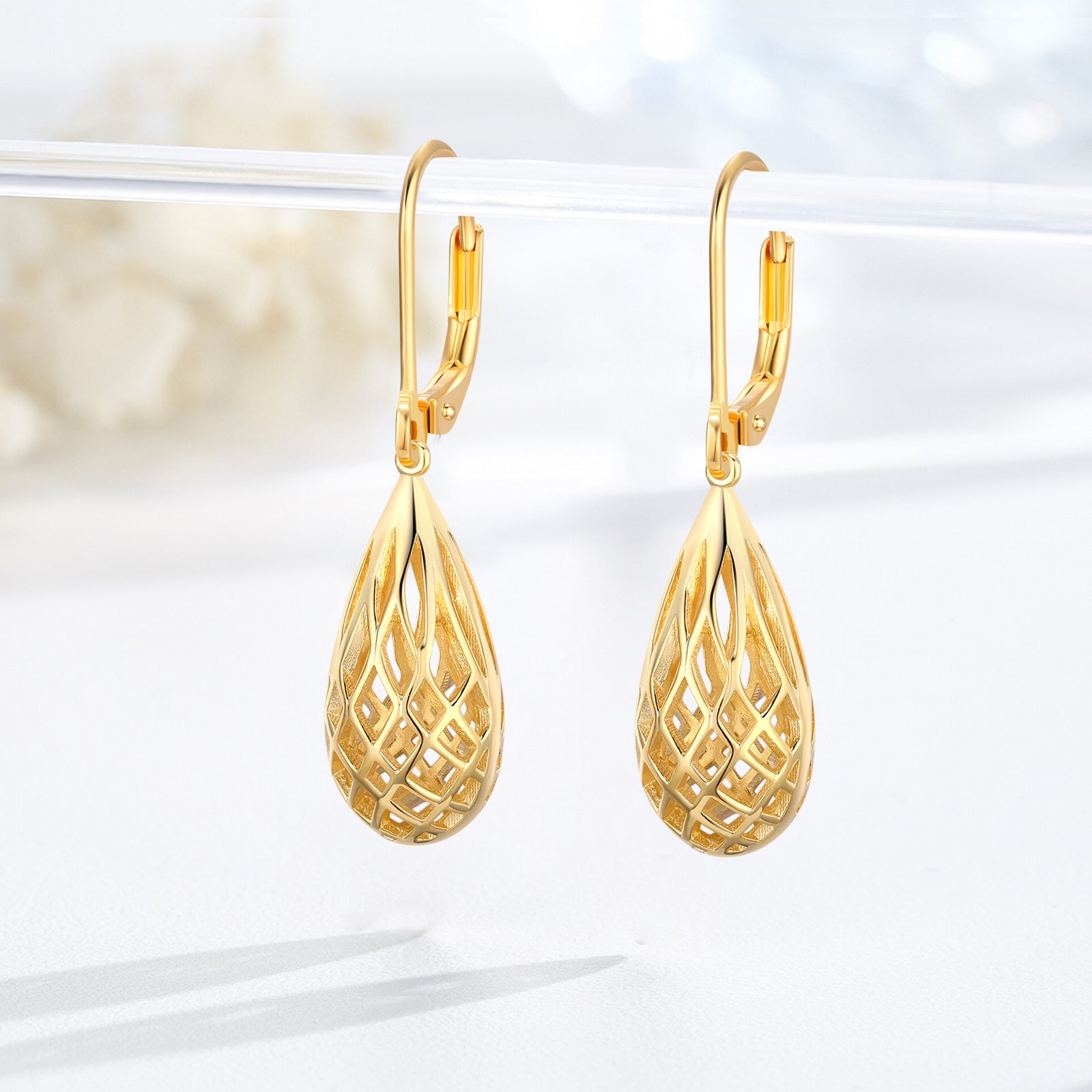 Sterling Silver with Yellow Gold Plated Drop Shape Lever-back Earrings