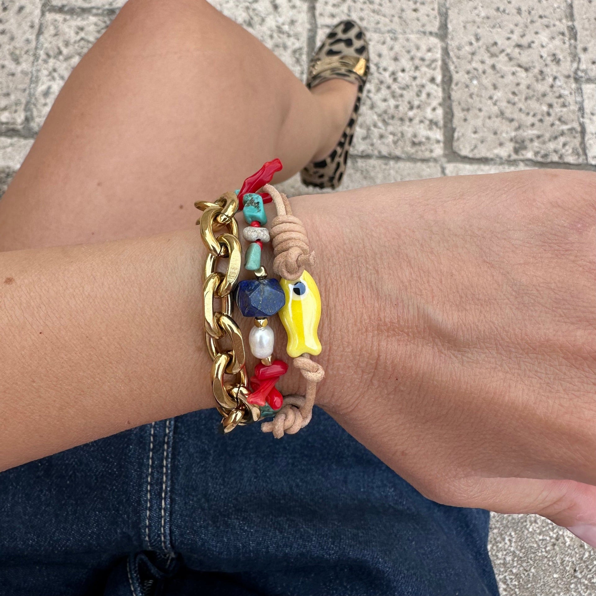 Ceramic Yellow Fish Leather Bracelet Ocean