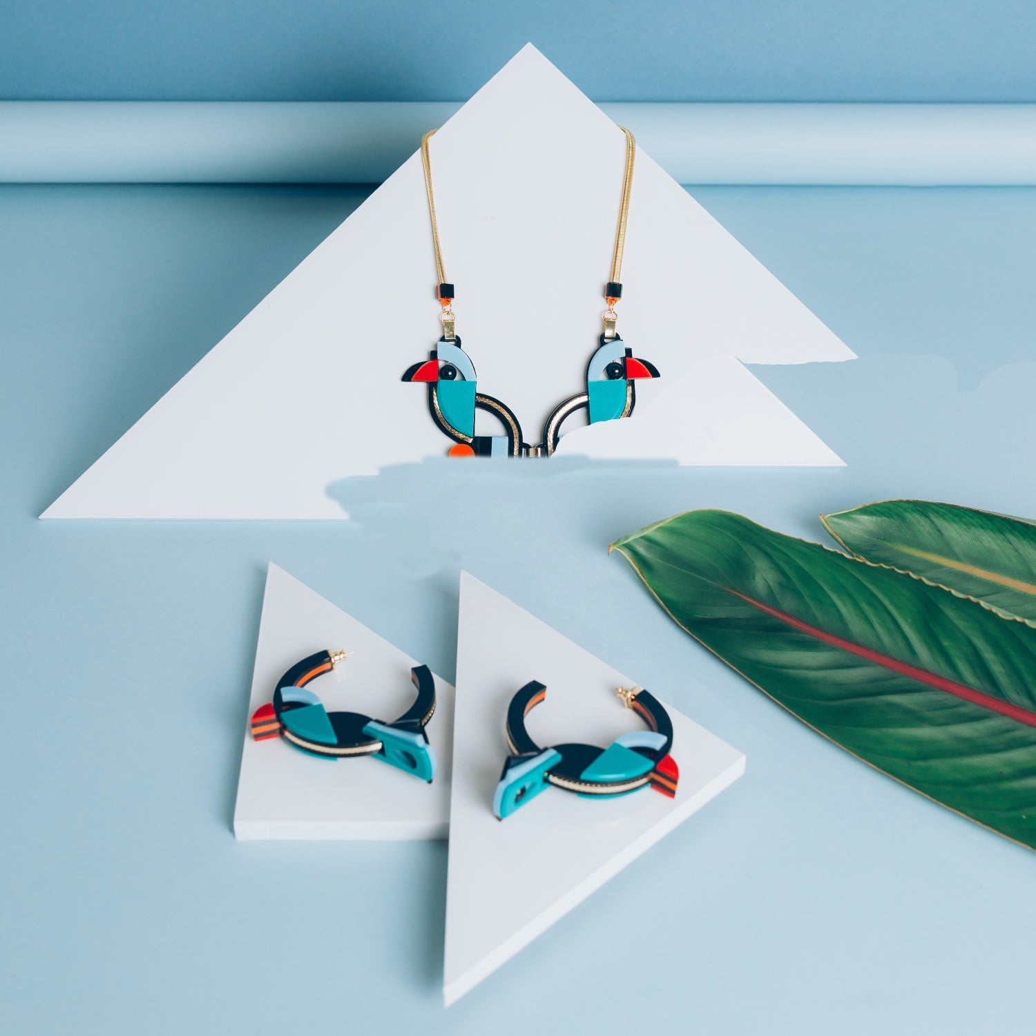 Handmade Acrylic Necklace Birds Pale Green