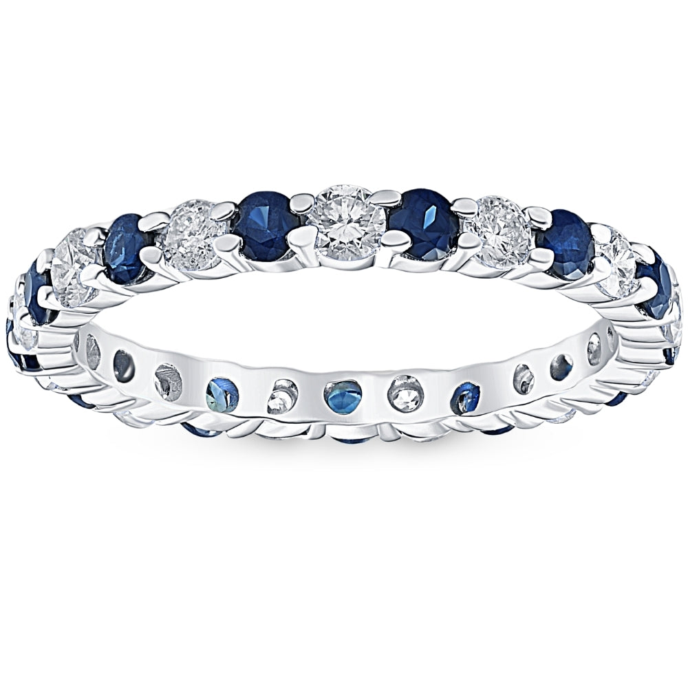1 cttw Blue Sapphire Diamond Wedding Eternity Ring 10k White Gold