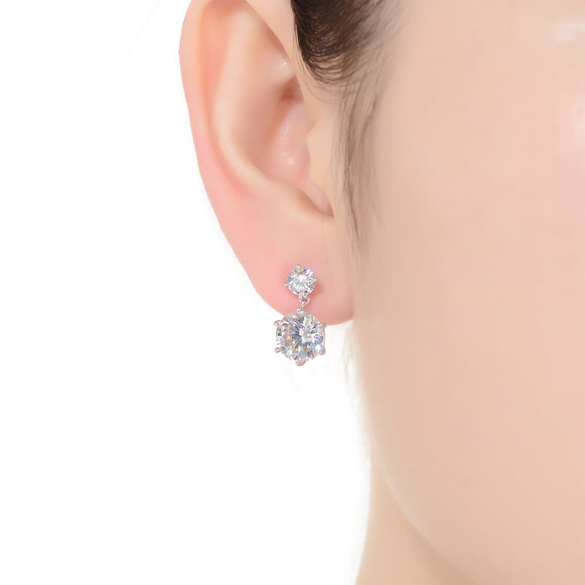 Sterling Silver With Rhodium Plated Clear Round Cubic Zirconia Two Stone Drop Earrings