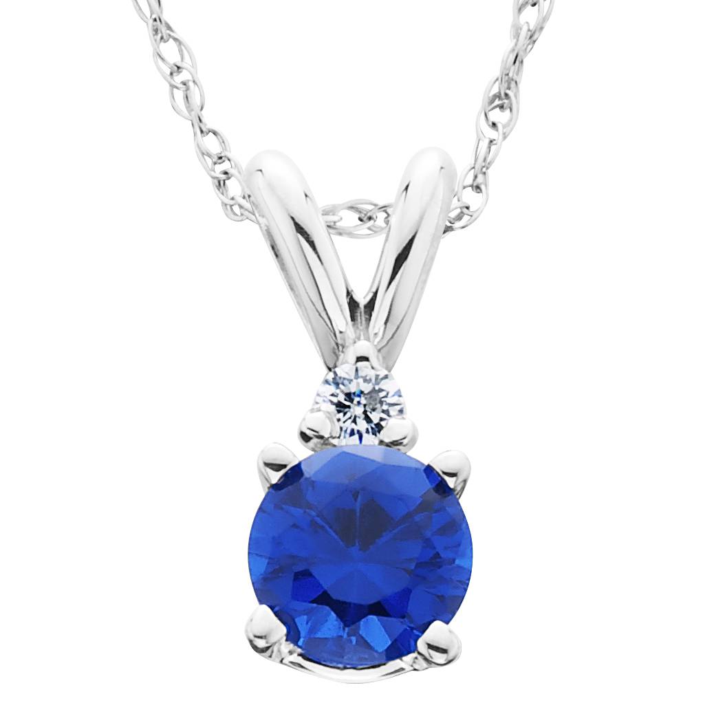 1/2 CT Synthetic Blue Sapphire & Natural Diamond Solitaire Pendant 14K White Gold