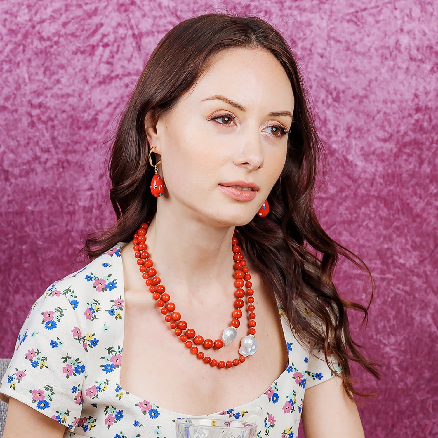 Red Coral With Baroque Pearls Double Strands Necklace