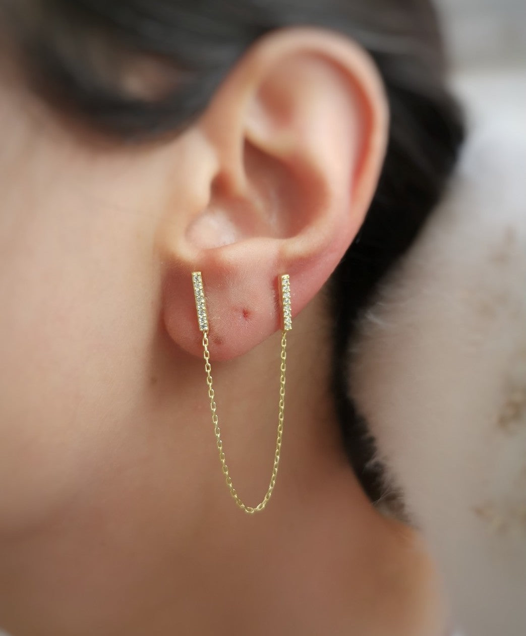 Chained Bar Chain Earring Sterling Silver - Gold