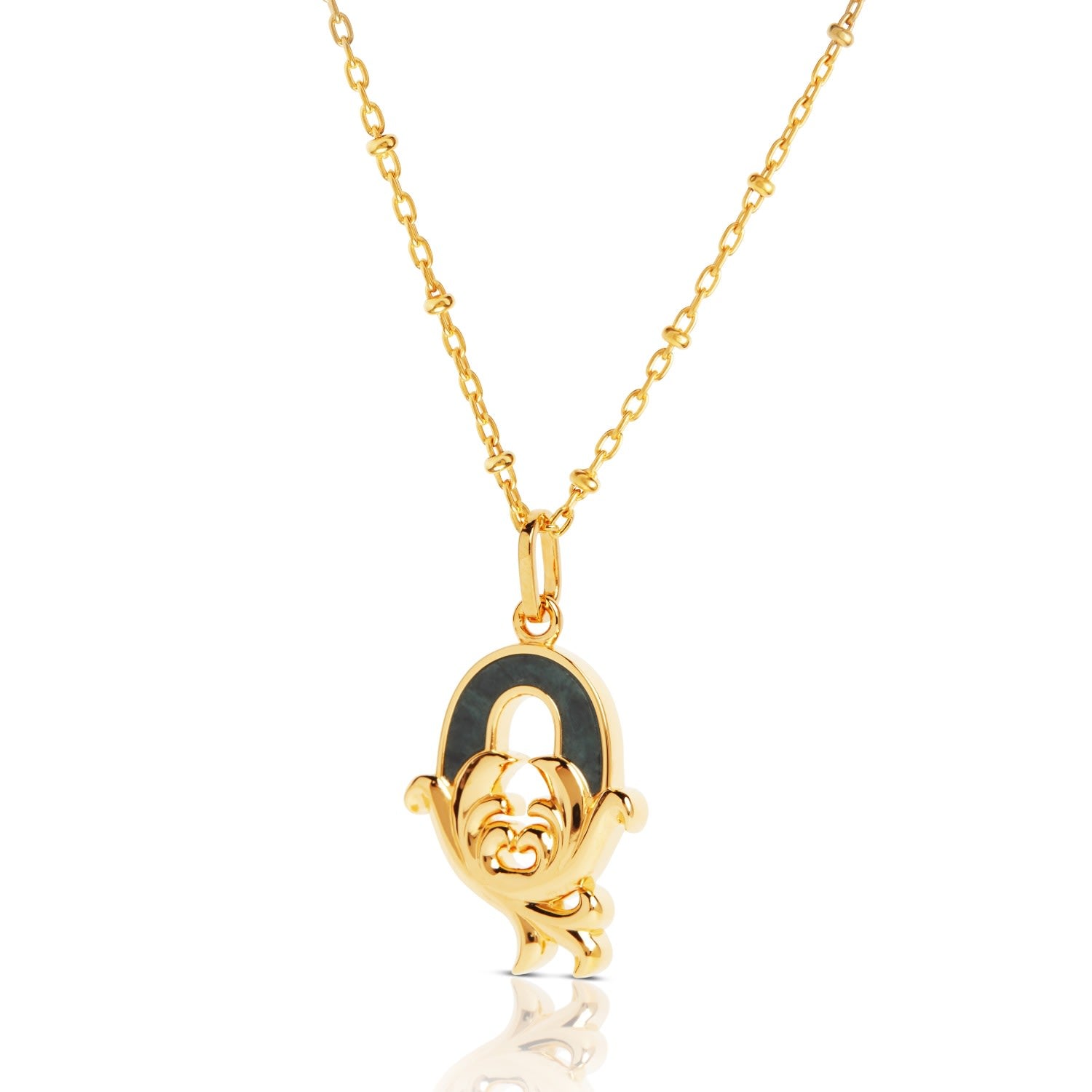 Gold Plated Q Initial Necklace With Green Marble