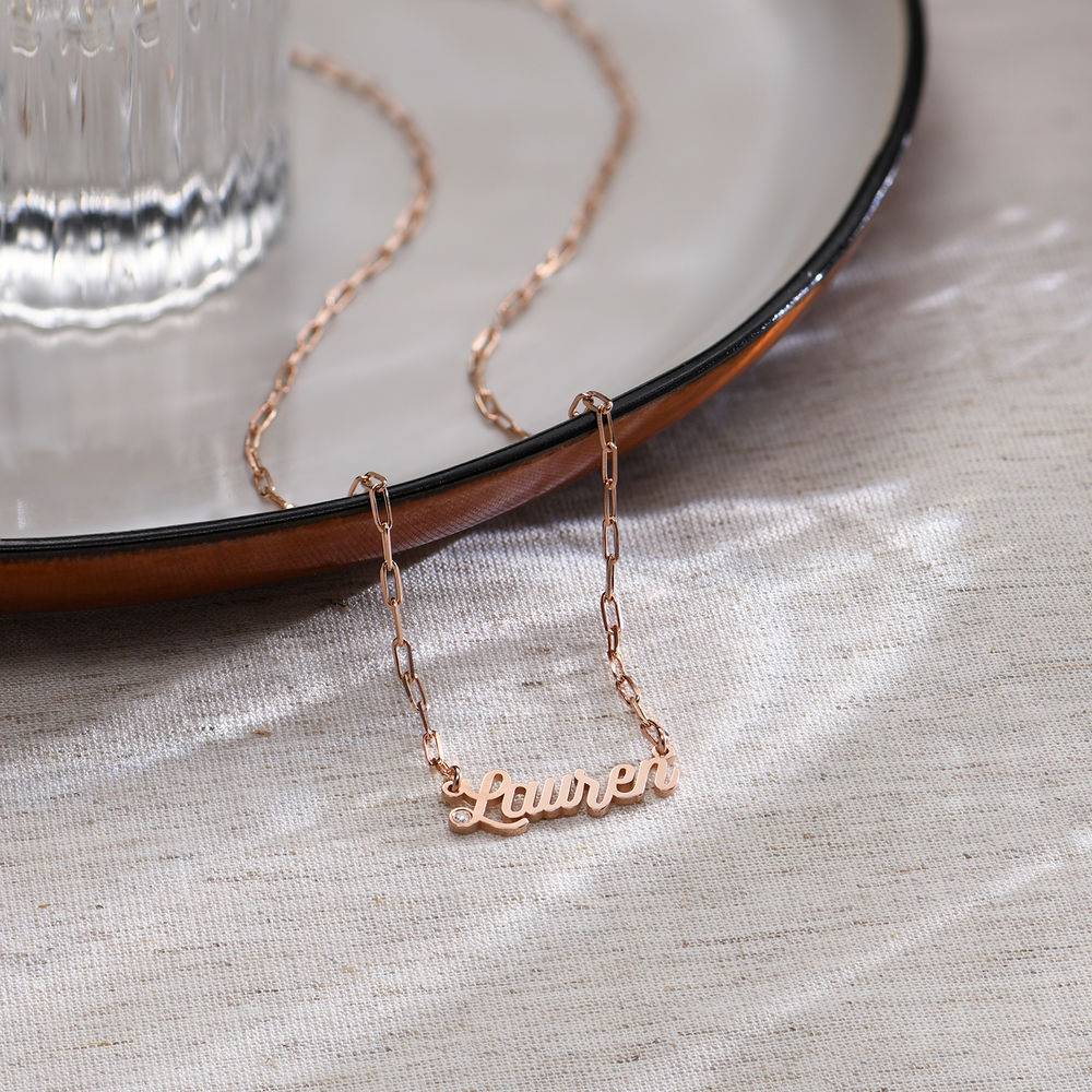 Chain Link Script Name Necklace with Diamond in 18k Rose Gold Plating