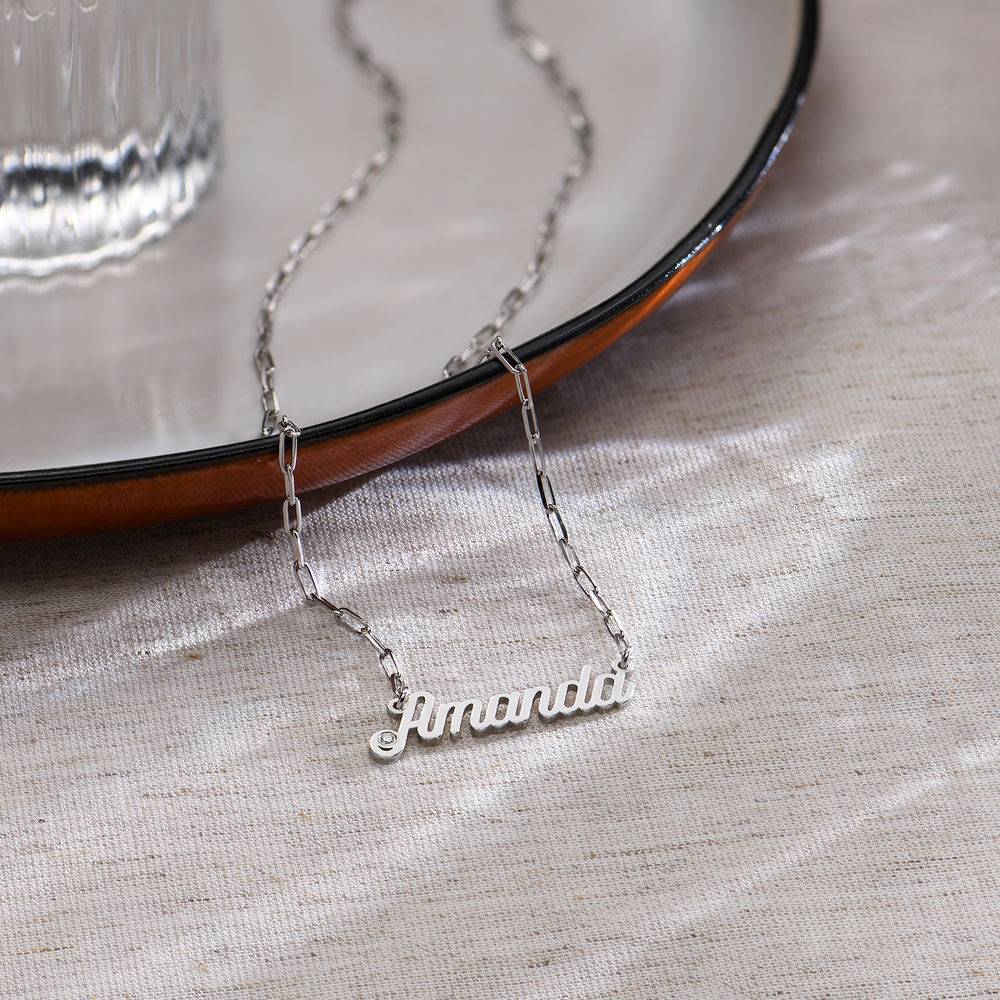 Chain Link Script Name Necklace with Diamond in Sterling Silver