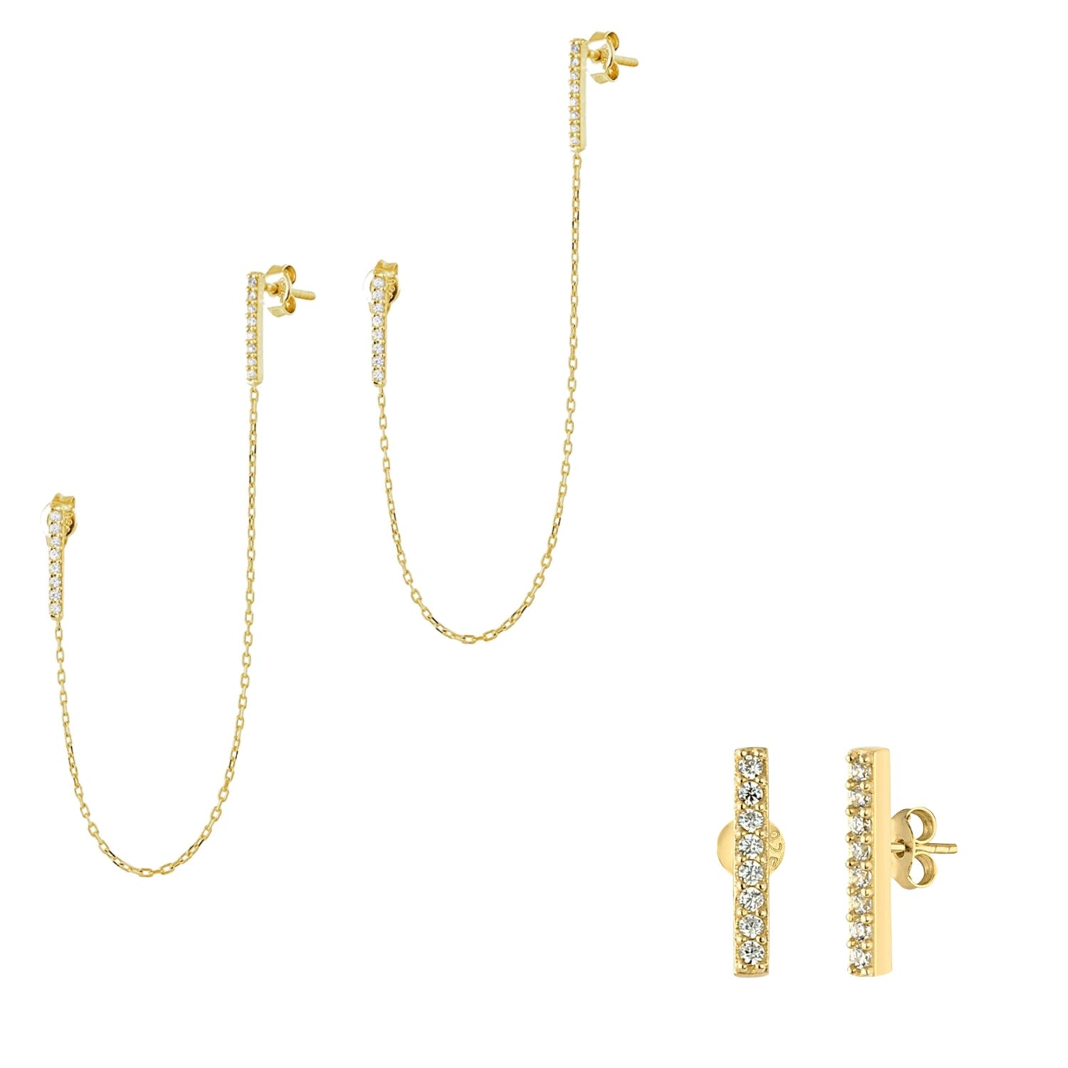 Chained Bar Chain & Bar Earring Set In Sterling Silver - Gold