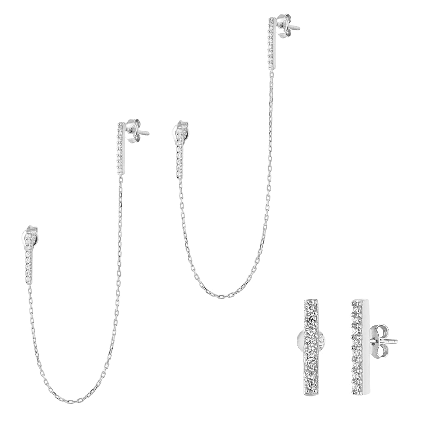 Chained Bar Chain & Bar Earring Set In Sterling Silver - Pair - Silver