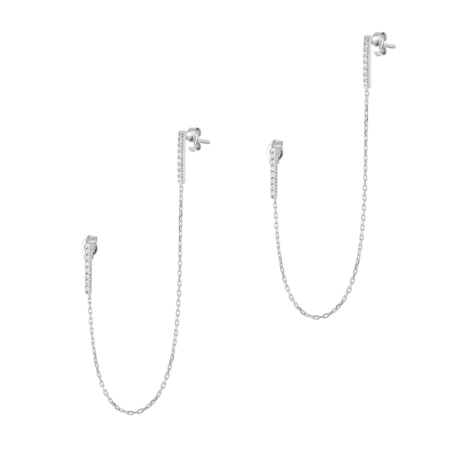 Chained Bar Chain Earring Sterling Silver - Pair - Silver