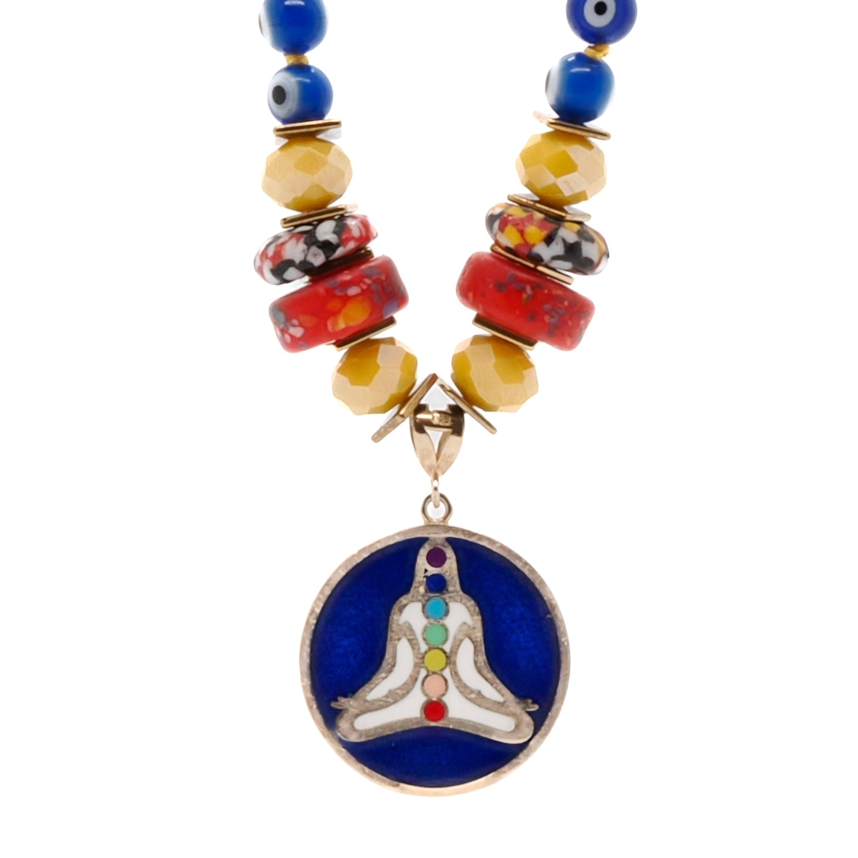 Chakra Colors Meditation Pendant Evil Eye Beaded Mala Necklace - Blue