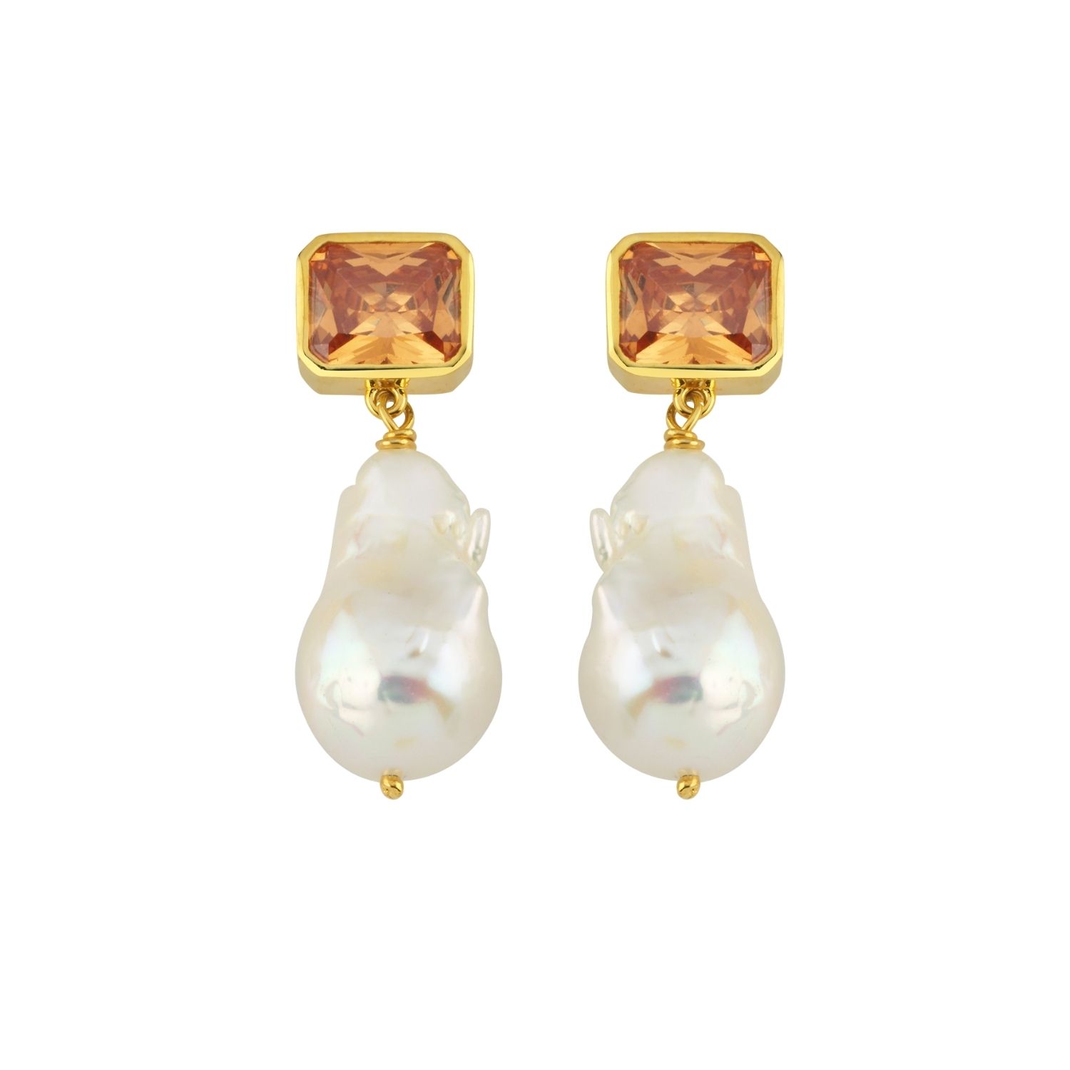Champagne Crystal Stone Baroque Pearl Dangle Earrings