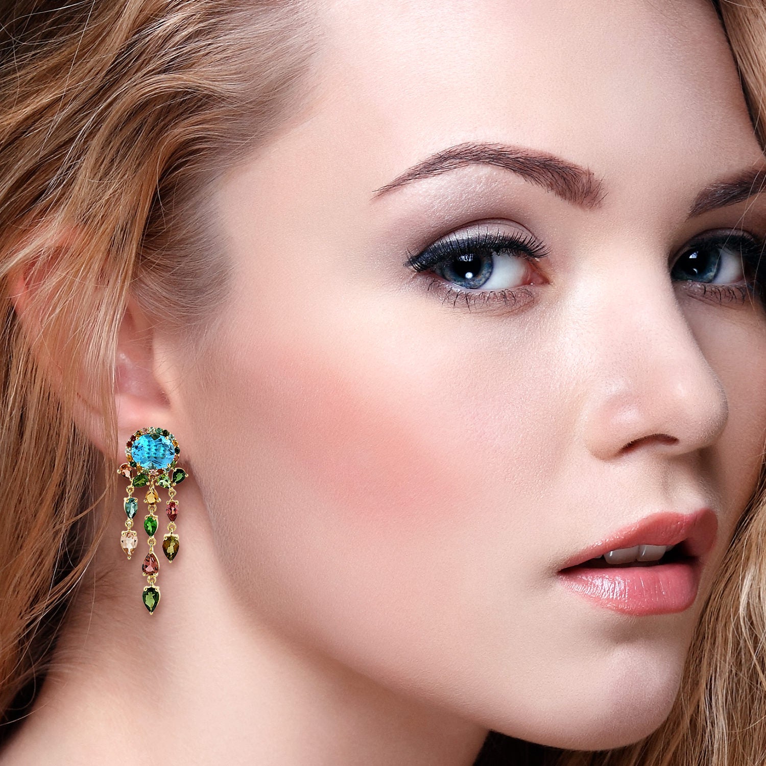 Rainbow Tourmaline & Blue Topaz Gemstone Chandelier Earrings In Gold