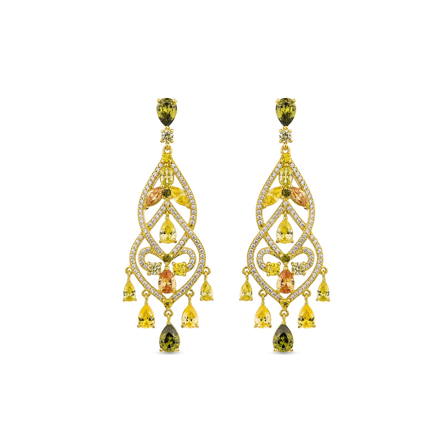 Chandelier Earrings With Man Made Champagne Cz Diamond Stimulant In18K Gold Vermeil