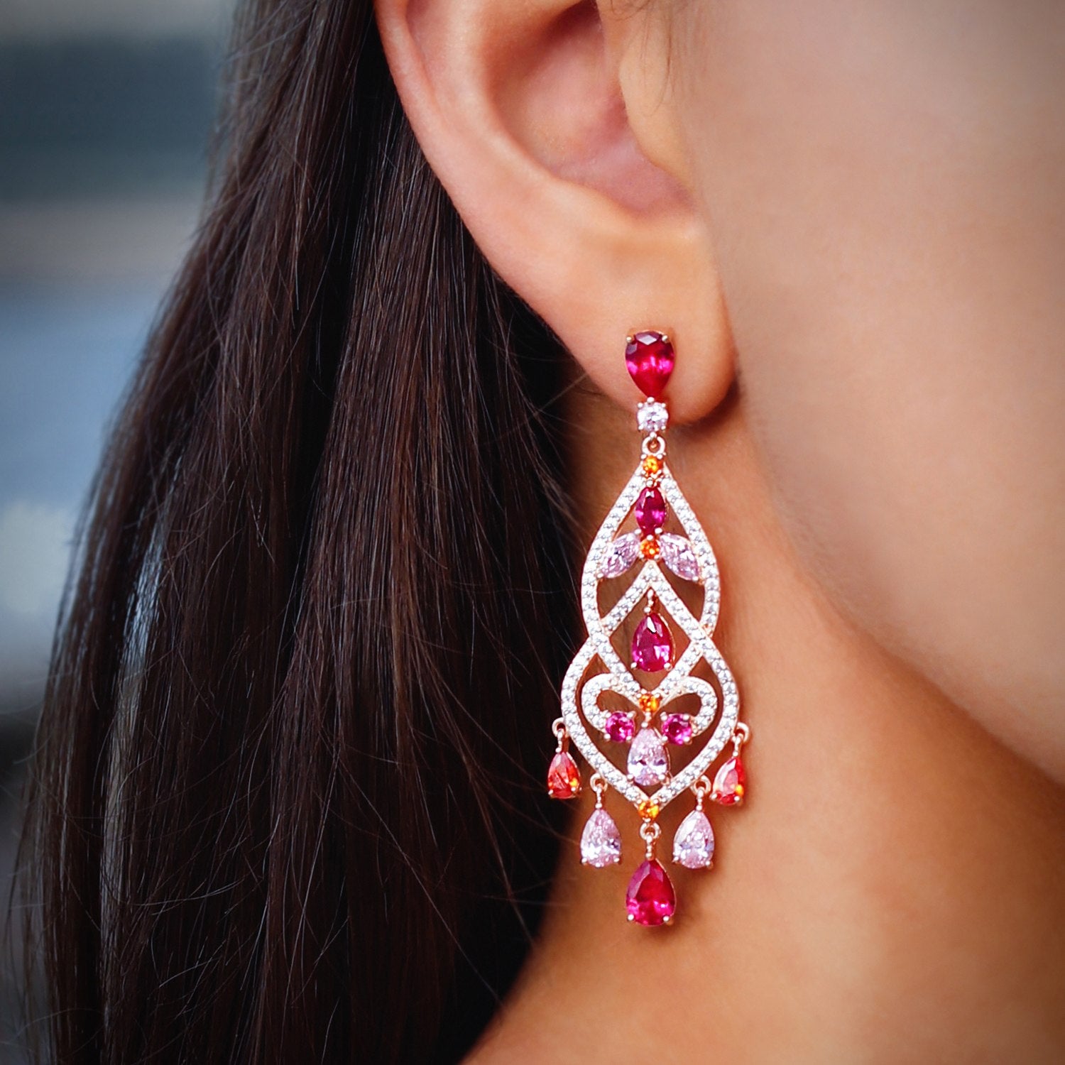 Chandelier Earrings With Man Made Ruby In 18K Gold Vermeil