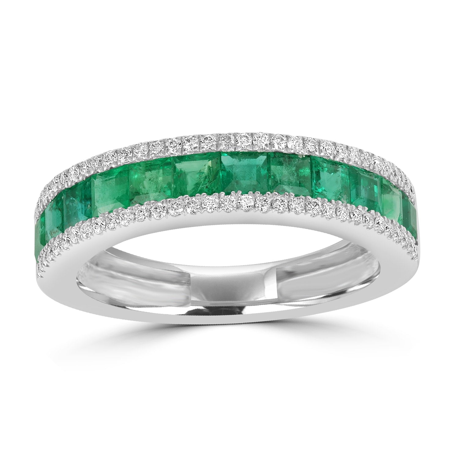 Channel Set Emerald & Diamond Band Ring In White Gold