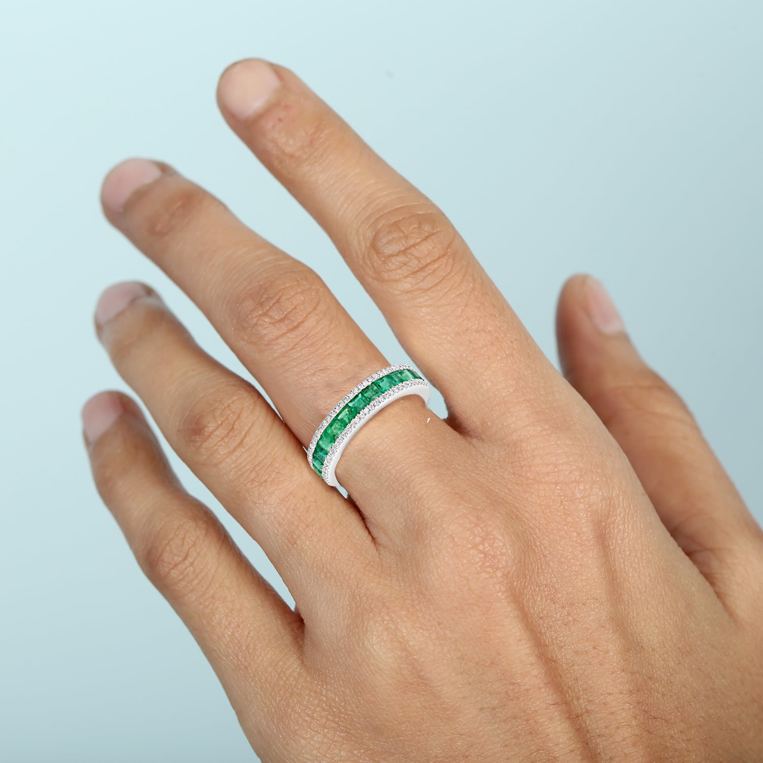 Channel Set Emerald & Diamond Band Ring In White Gold