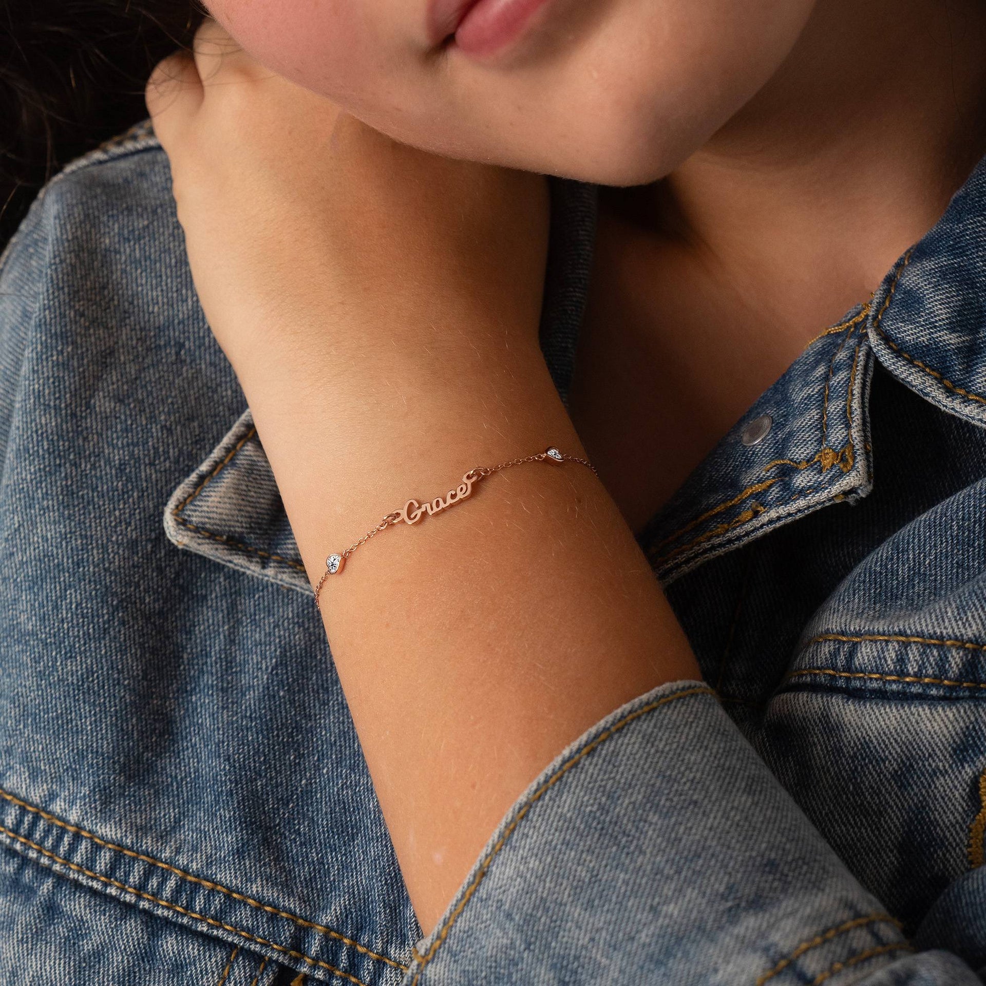 Charli Heart Chain Name Bracelet in 18K Rose Gold Plating