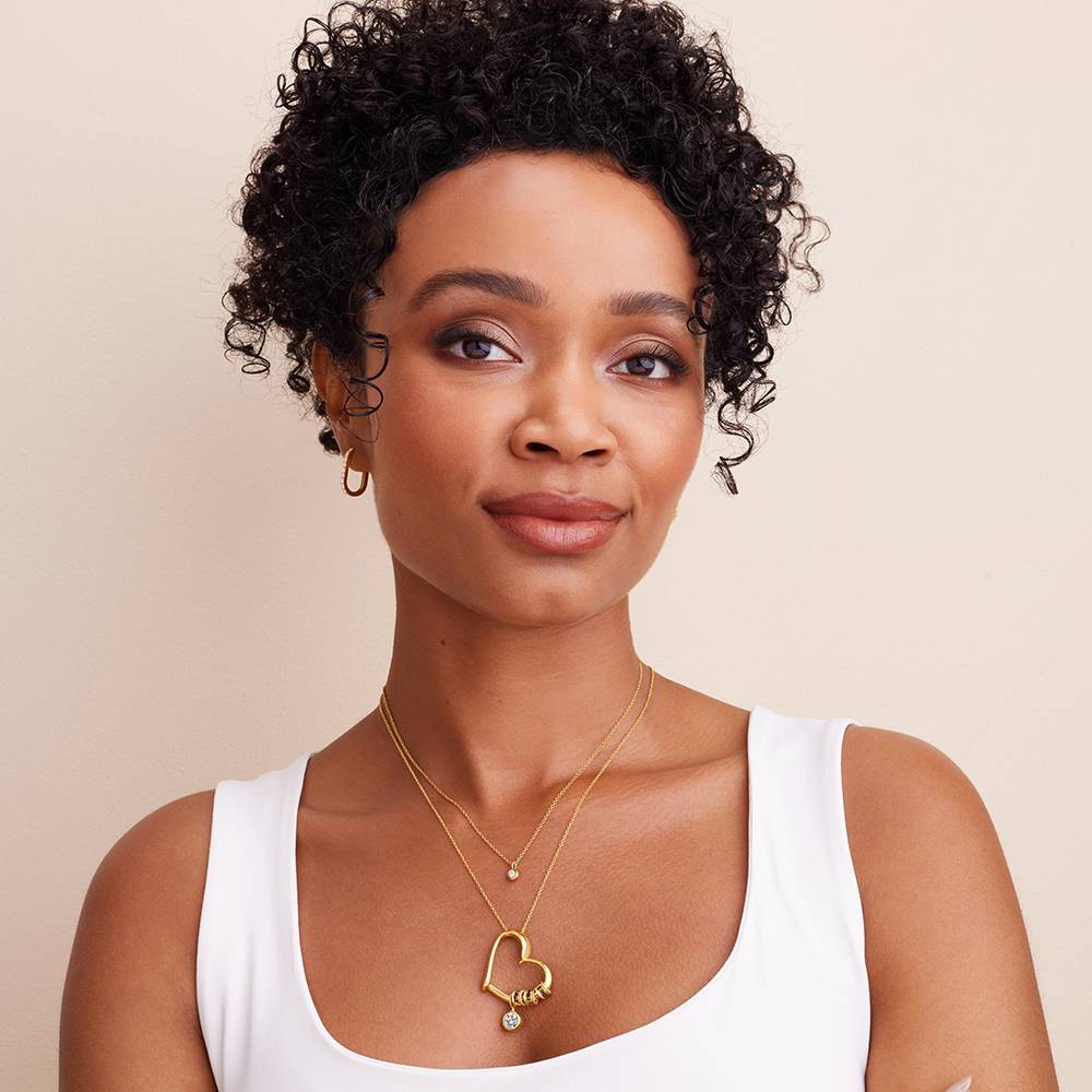Charming Heart Necklace with Engraved Beads & 1CT Diamond in 18K Gold Plating - Gift for Mom - Mother's Day Gift