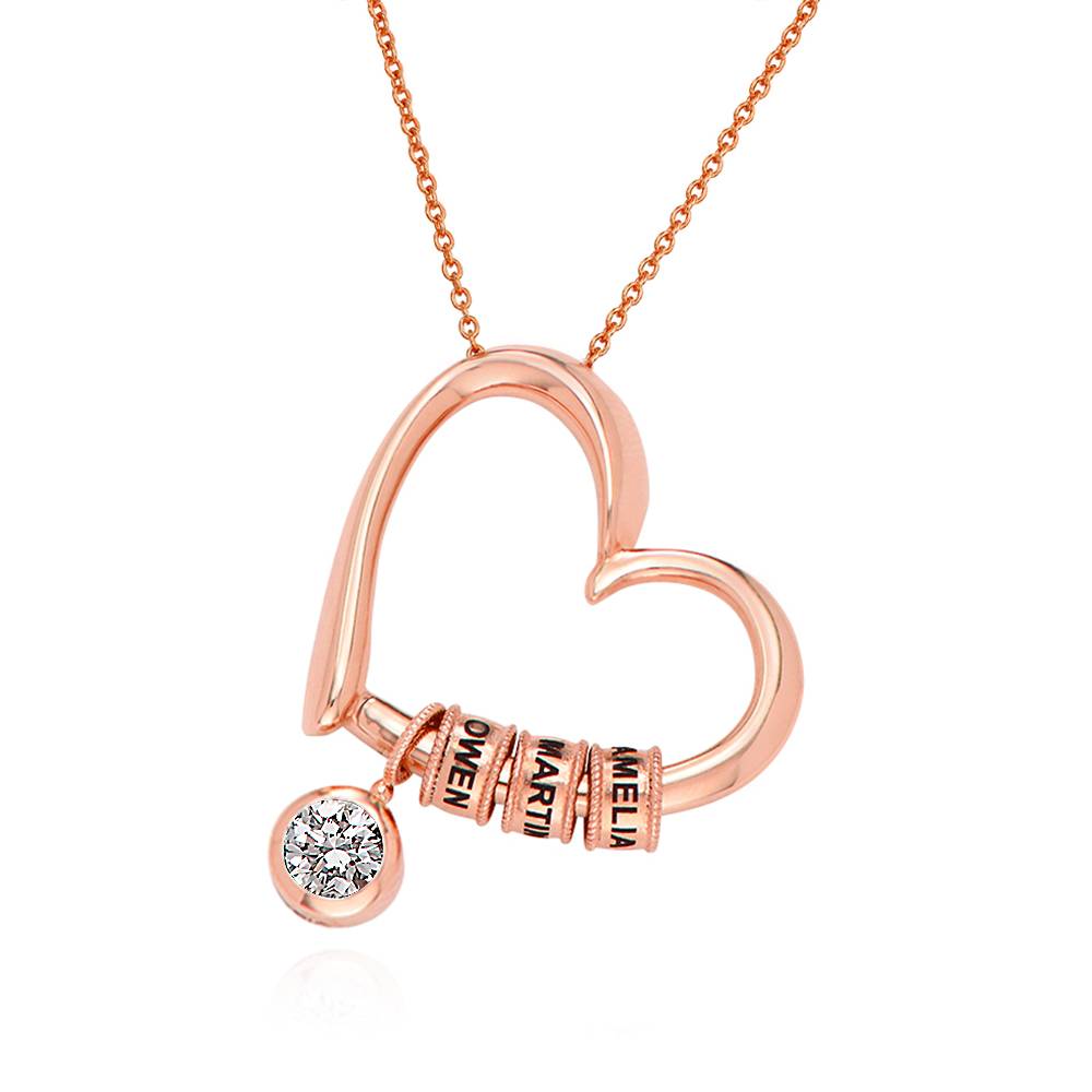 Charming Heart Necklace with Engraved Beads & 1CT Diamond in Rose Gold Plating