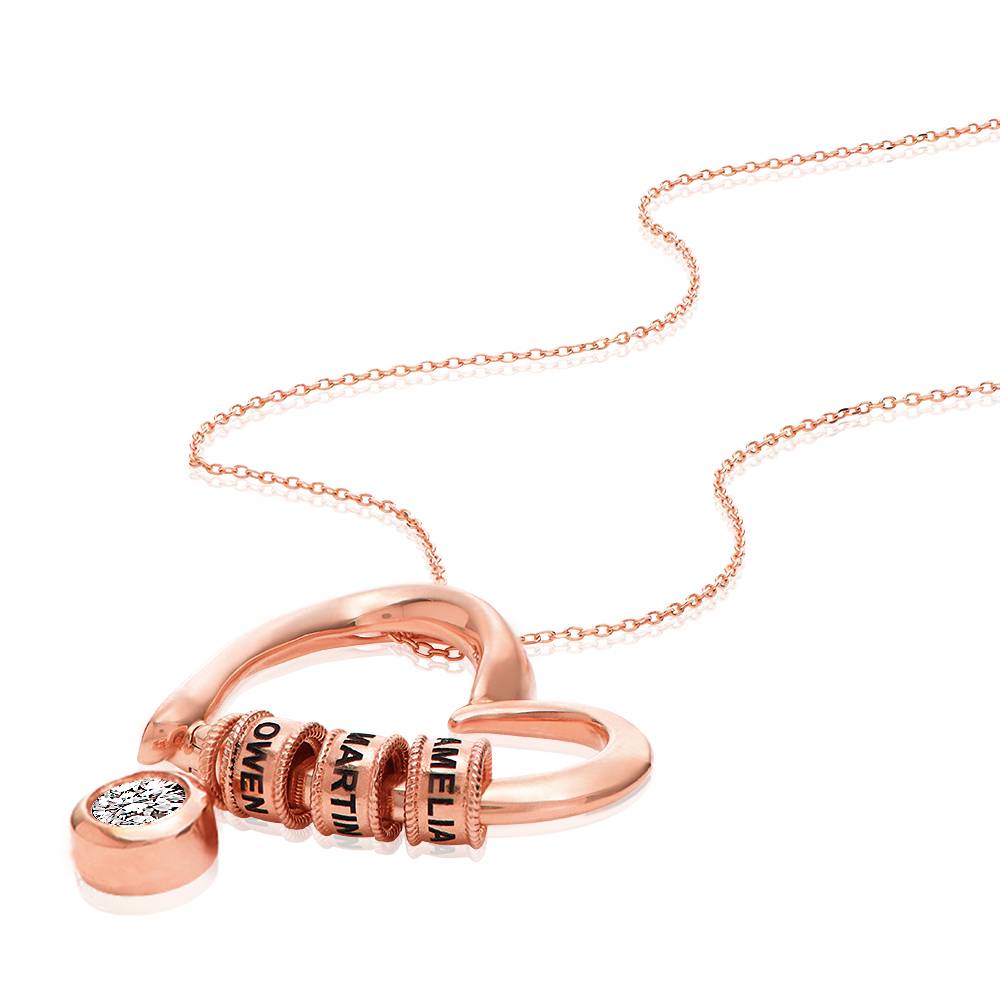 Charming Heart Necklace with Engraved Beads & 1CT Diamond in Rose Gold Plating