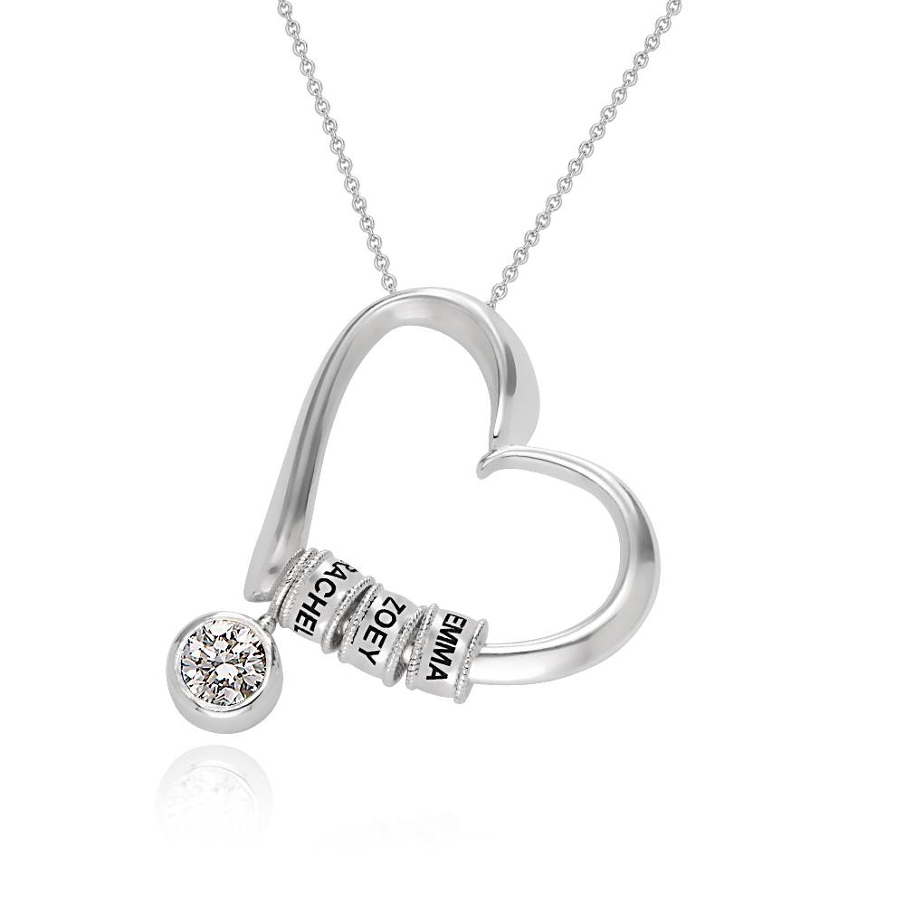 Charming Heart Necklace with Engraved Beads & 1CT Diamond in Silver