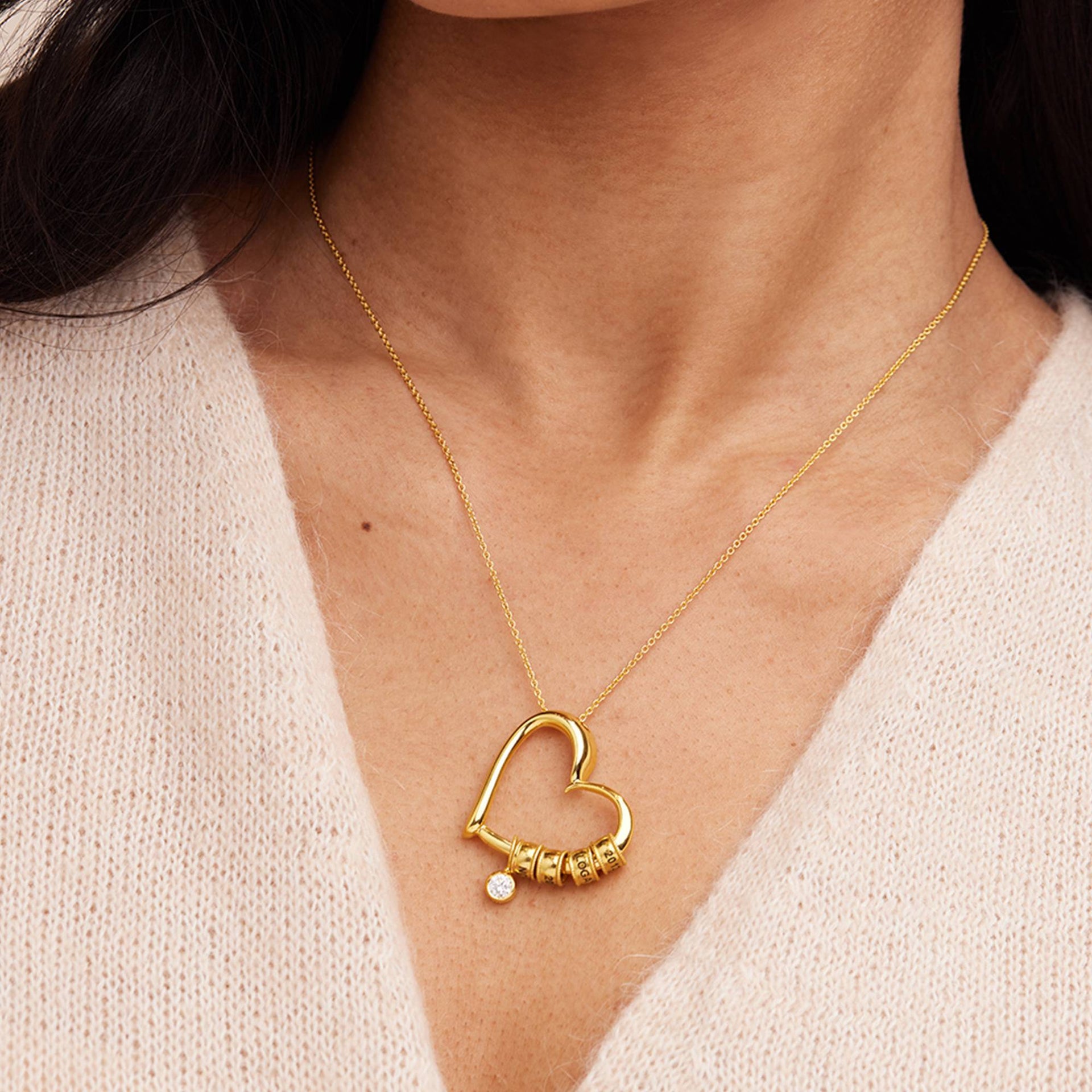 Charming Heart Necklace with Engraved Beads  in Gold Plating with 1/25 CT. T.W Lab ? Created Diamond