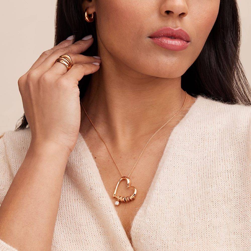 Charming Heart Necklace with Engraved Beads & 0.25CT Diamond in Rose Gold Plating