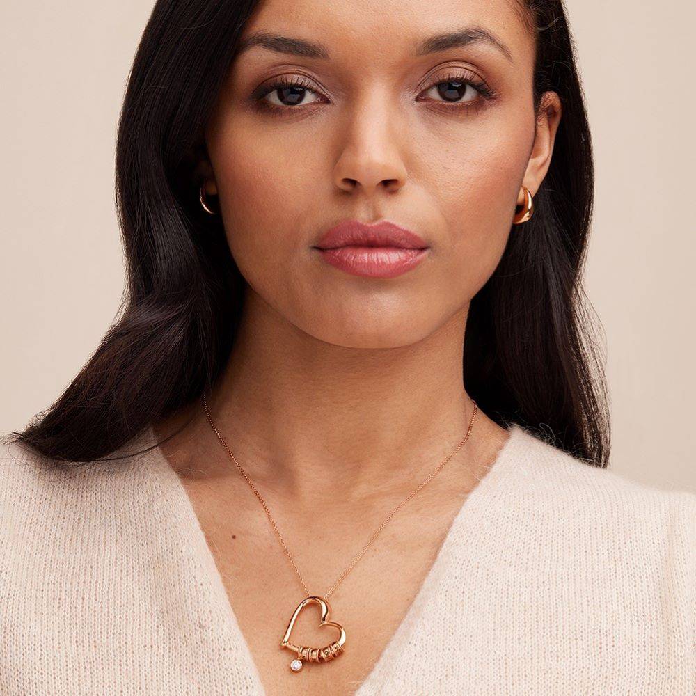 Charming Heart Necklace with Engraved Beads in Rose Gold Vermeil with 0.25 ct Diamond