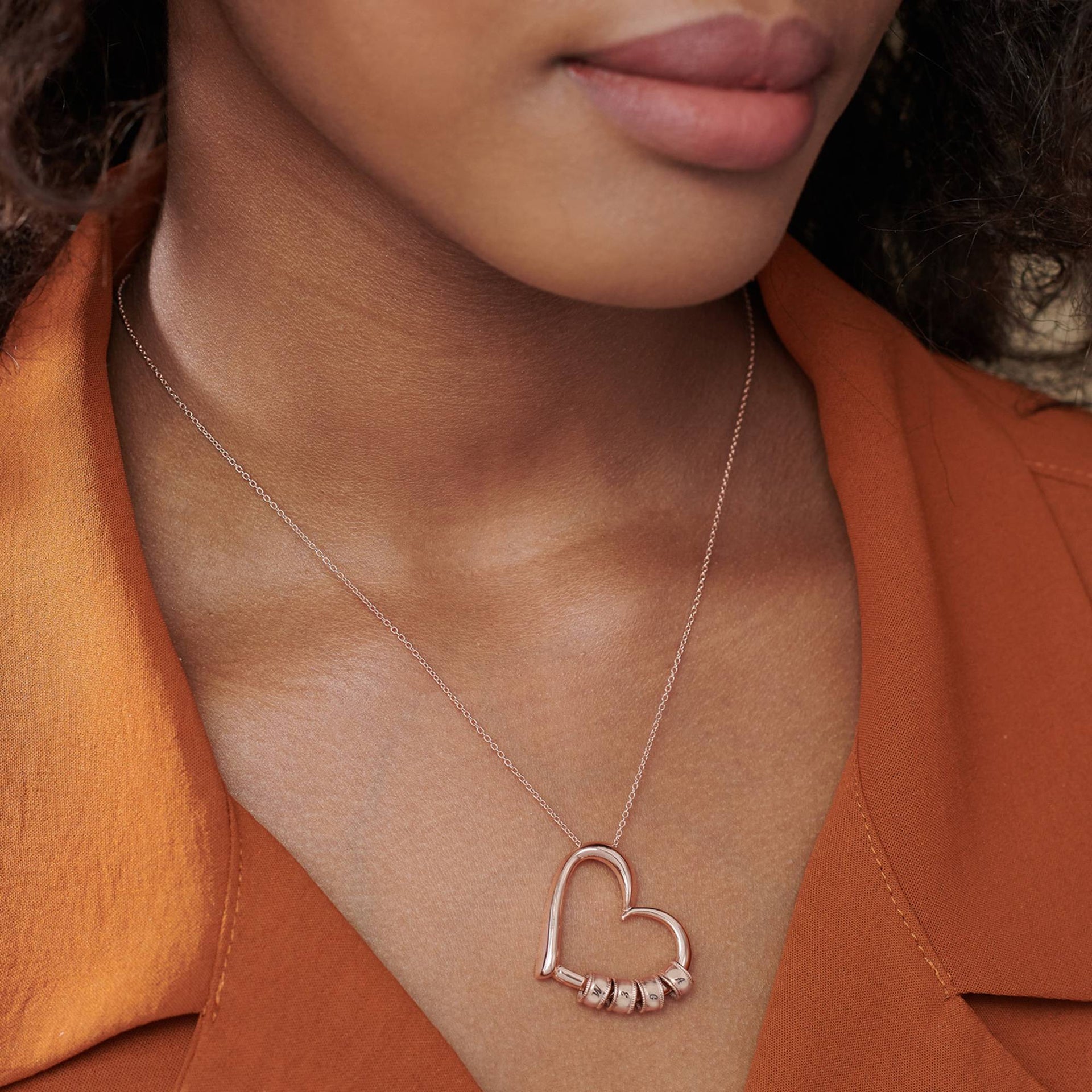 Charming Heart Necklace with Engraved Initial Beads in 18K Rose Gold Vermeil - Gift for Mom - Mother's Day Gift
