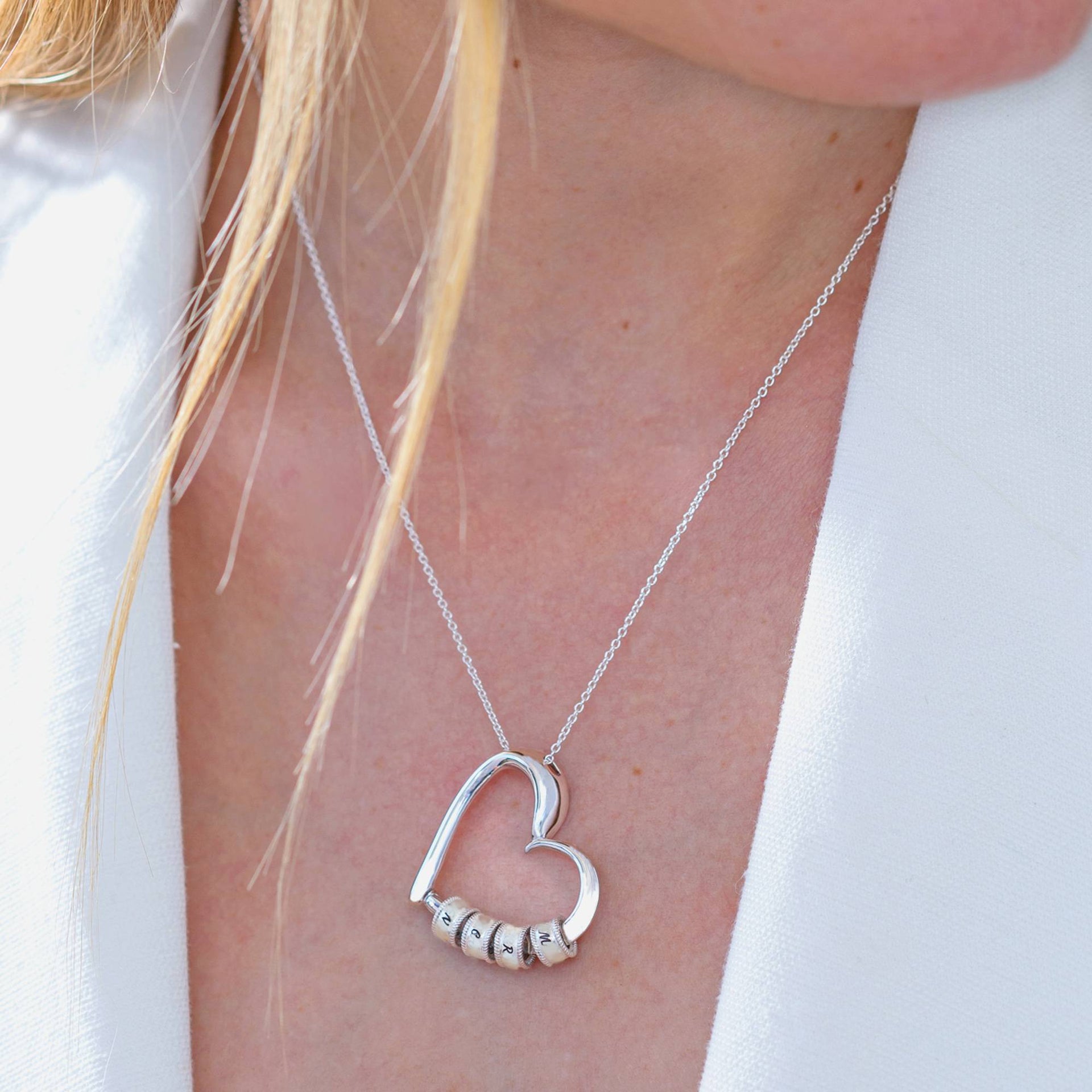 Charming Heart Necklace with Engraved Initial Beads in Sterling Silver - Gift for Mom - Mother's Day Gift