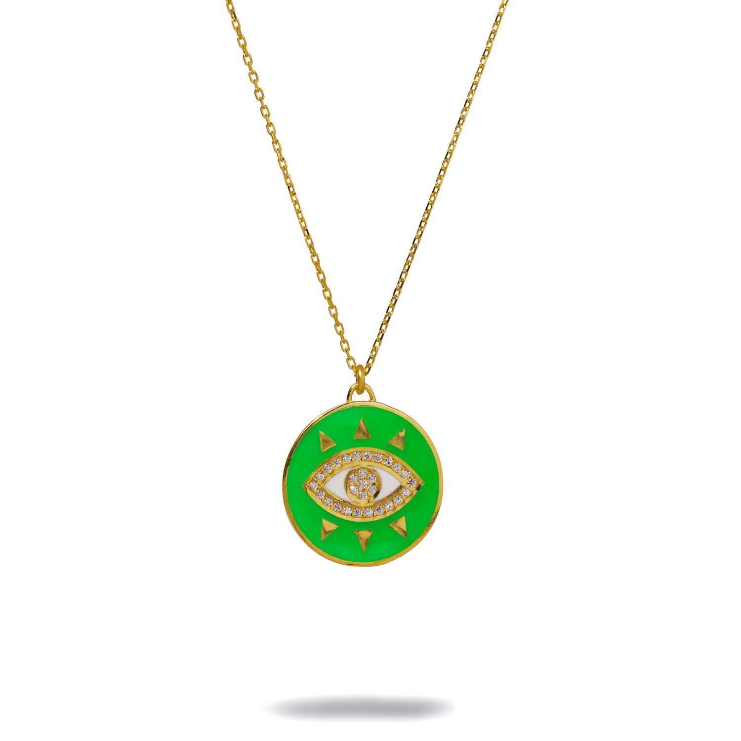 Cheerful Neon Green Evil Eye & Diamond Pendant Gold Chain Necklace - Green