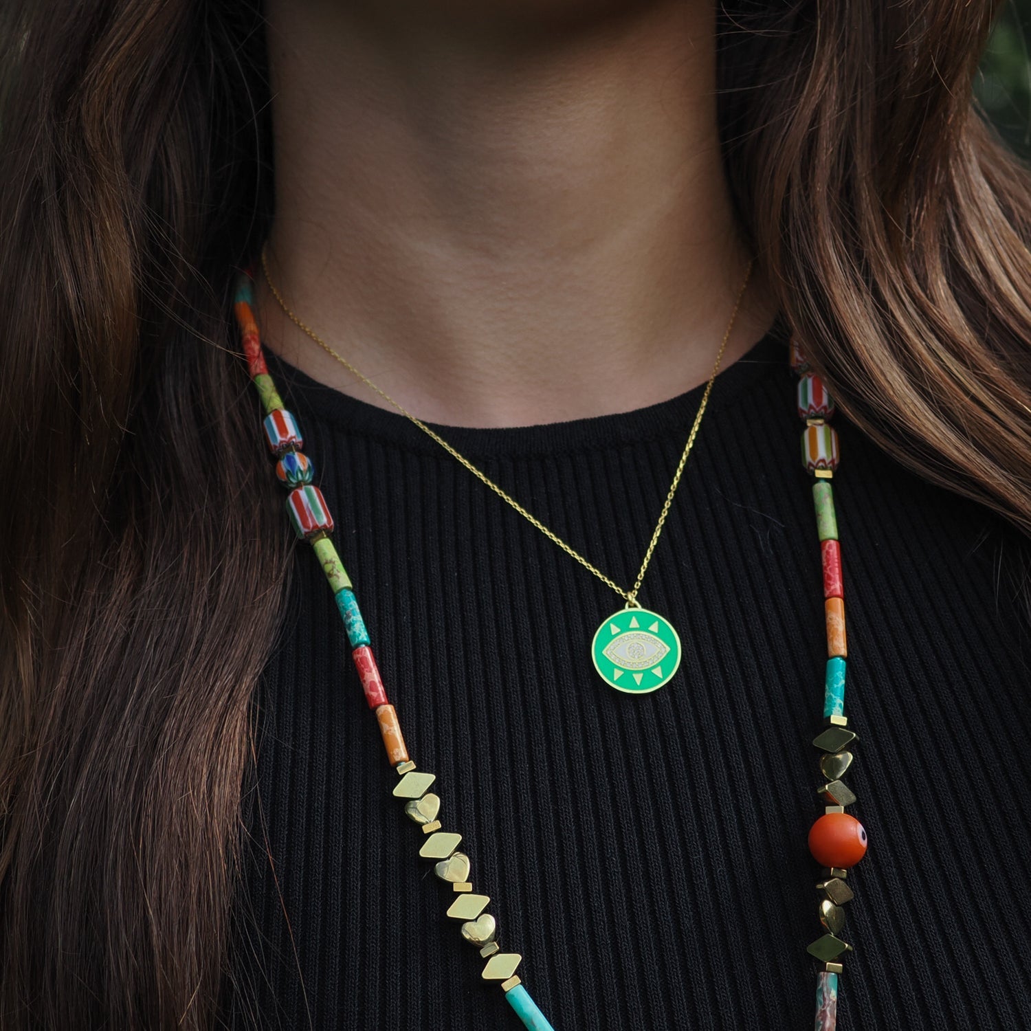 Cheerful Neon Green Evil Eye & Diamond Pendant Gold Chain Necklace - Green