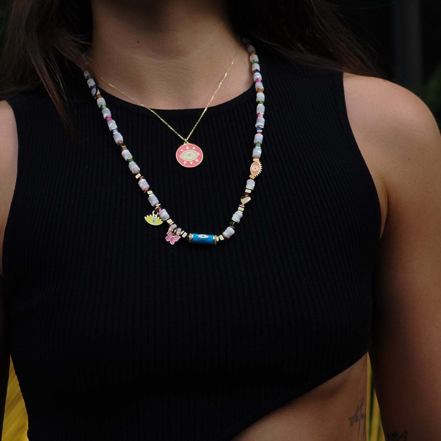 Cheerful Neon Pink Evil Eye & Diamond Pendant Gold Chain Necklace - Orange