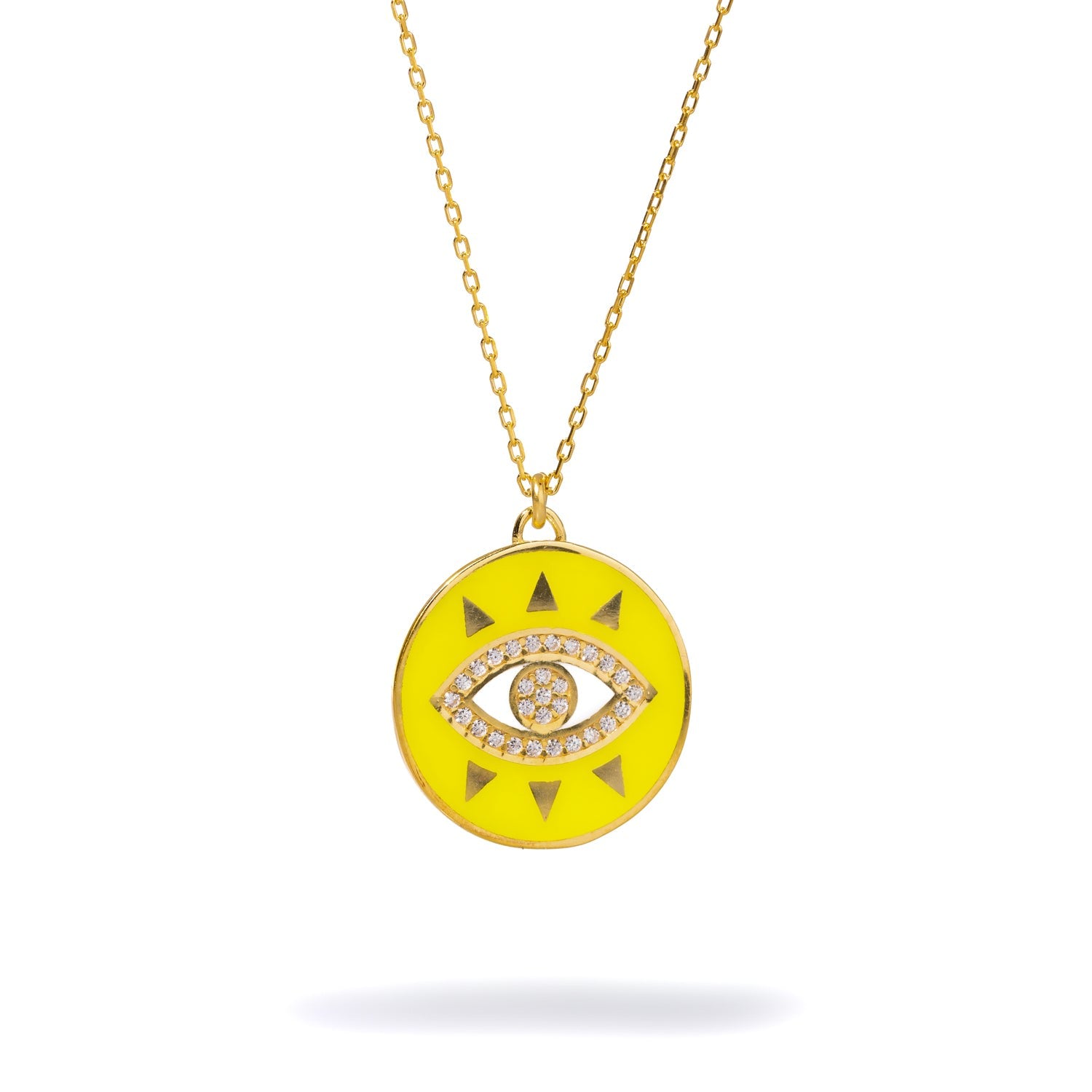 Cheerful Neon Yellow Evil Eye & Diamond Pendant Gold Chain Necklace - Yellow