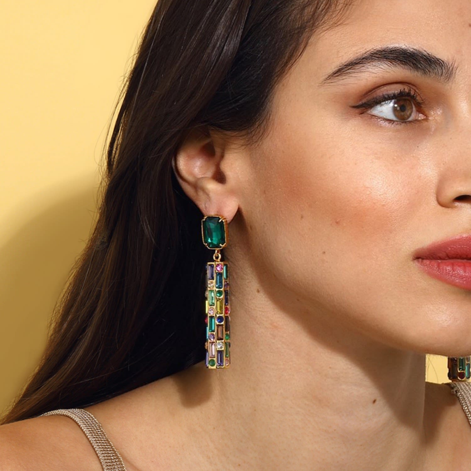 Cher Drop Earrings - Deep Green With Multicolor Drops