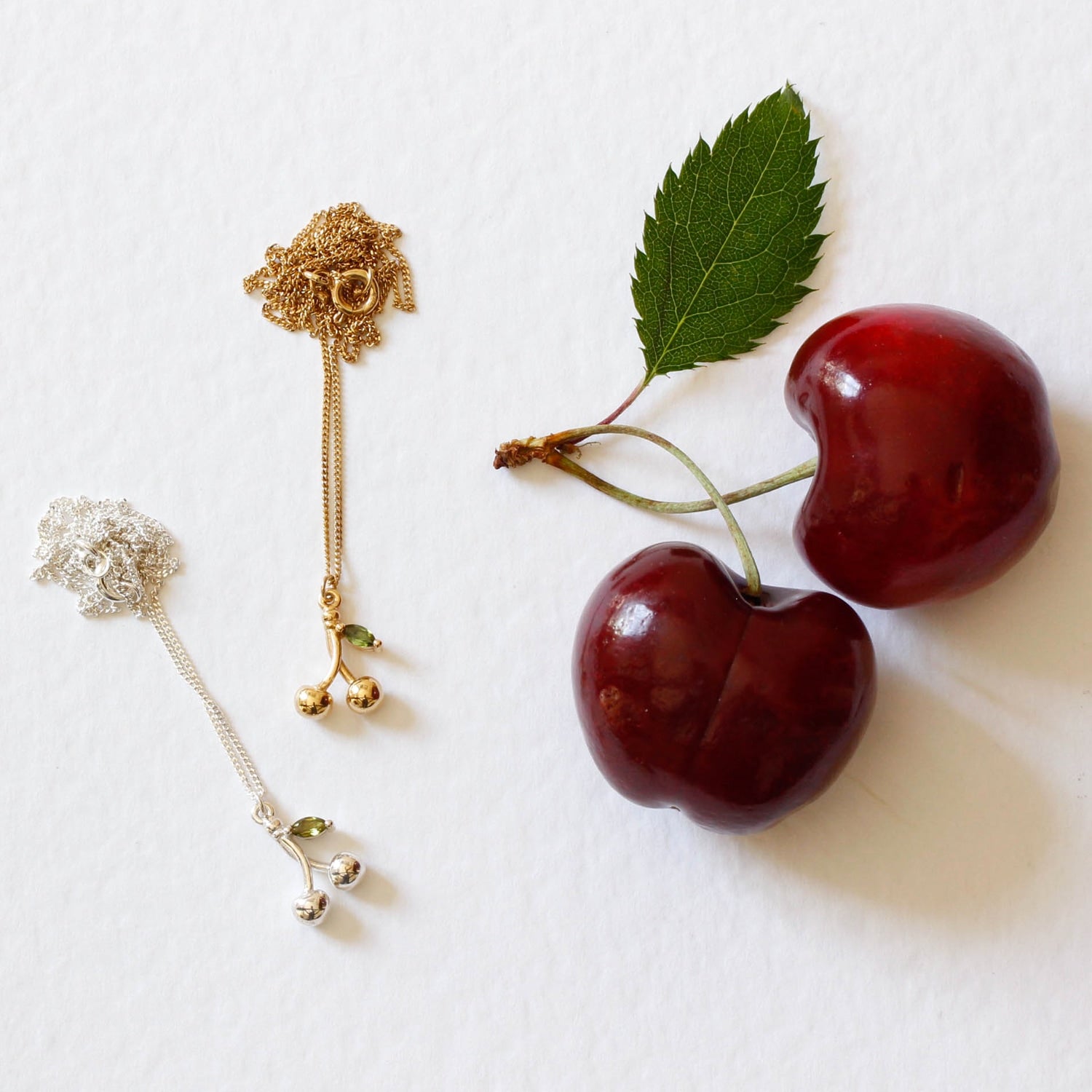 Cherry Necklace - Green Tourmaline Leaf - Silver